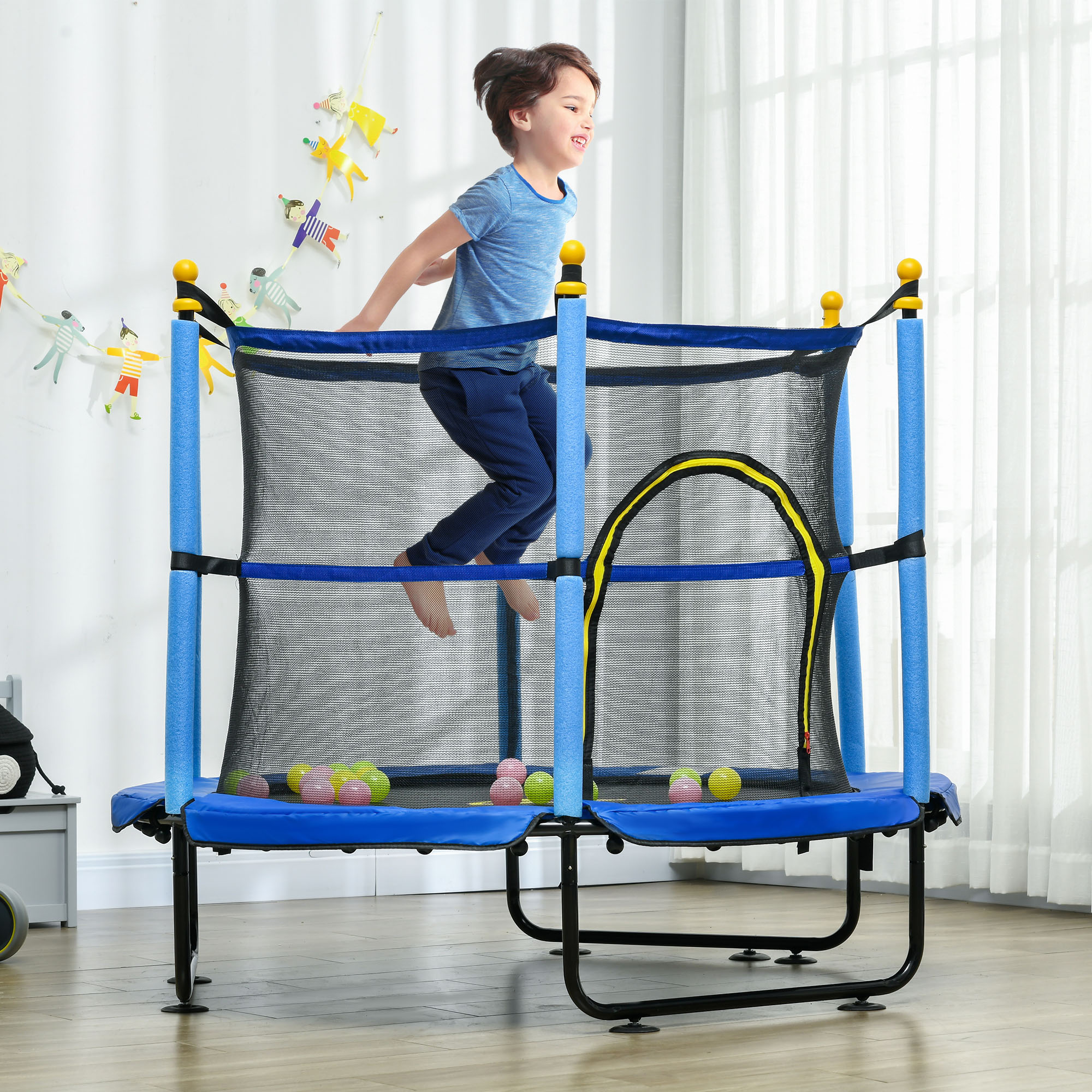 Qaba Kids Trampoline, 4.6 Feet with Safety Enclosure and Ball Pit, Blue, Indoor Play Equipment | Aosom.com 0