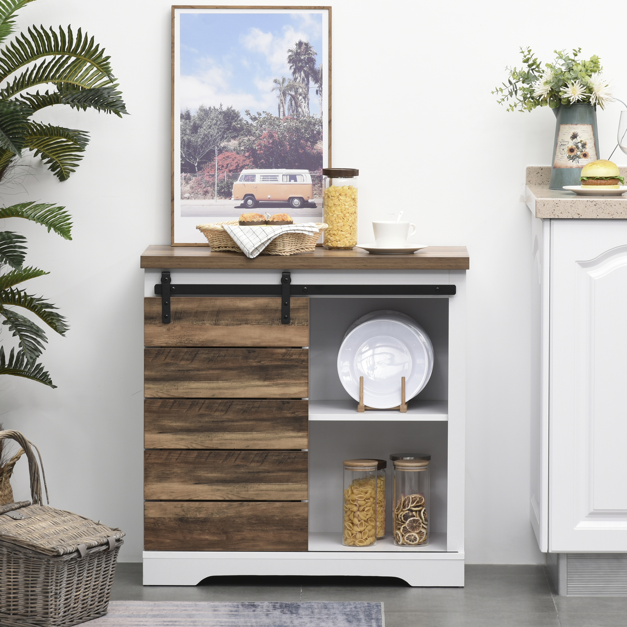 HOMCOM Portable Kitchen Island Rustic Farmhouse Accent Side Cabinet Buffet Sideboard With Sliding Barn Door for Kitchen, Entryway & Dining Room 4