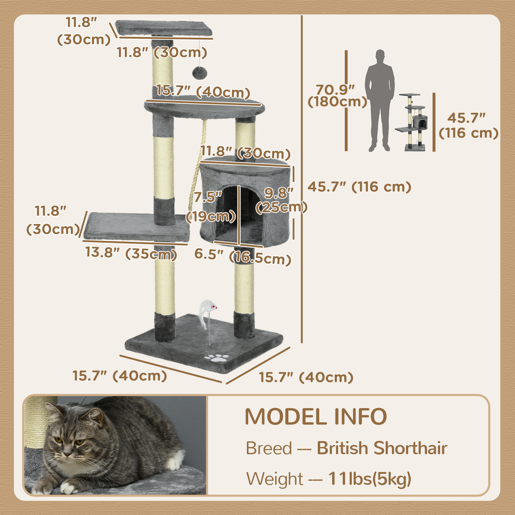 PawHut 44Inch Scratching Cat Tree Multi Level Activity Center