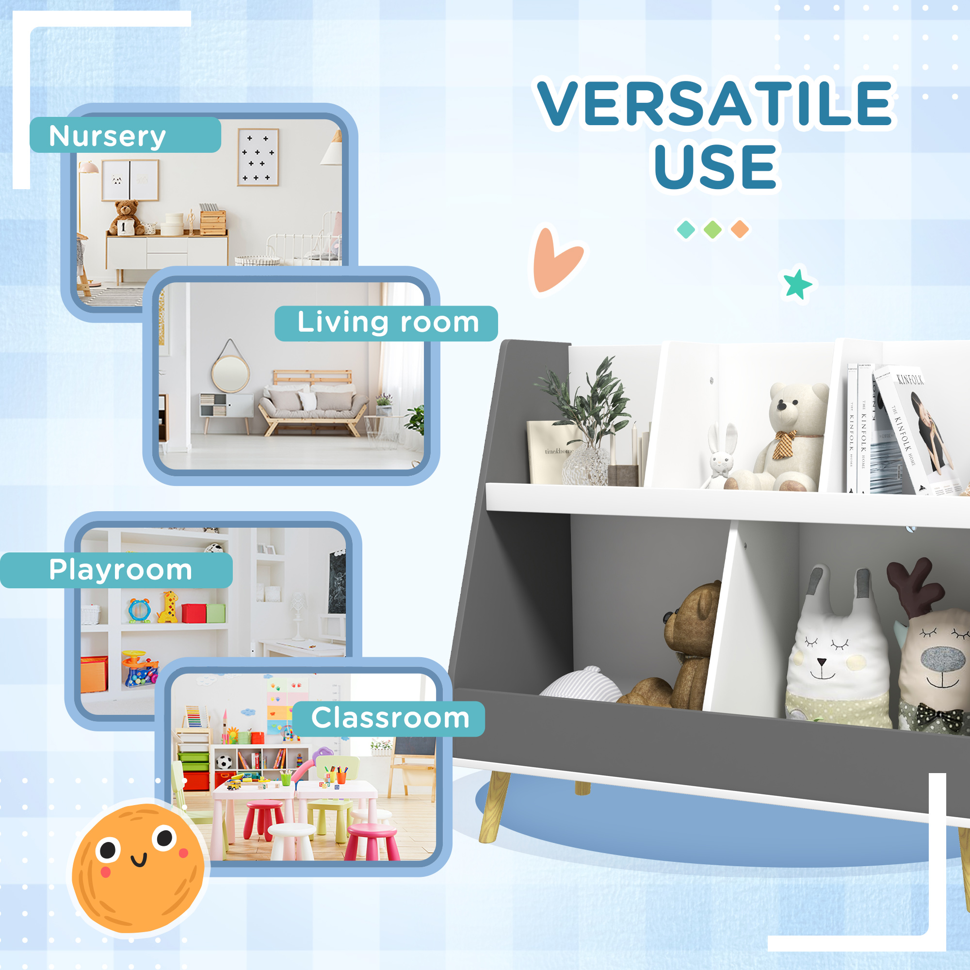 Qaba 2 Tier Gray Kids Bookcase & Toy Shelf, 5 Compartments with Anti-Tip Device for Nursery, Playroom | Aosom.com 3