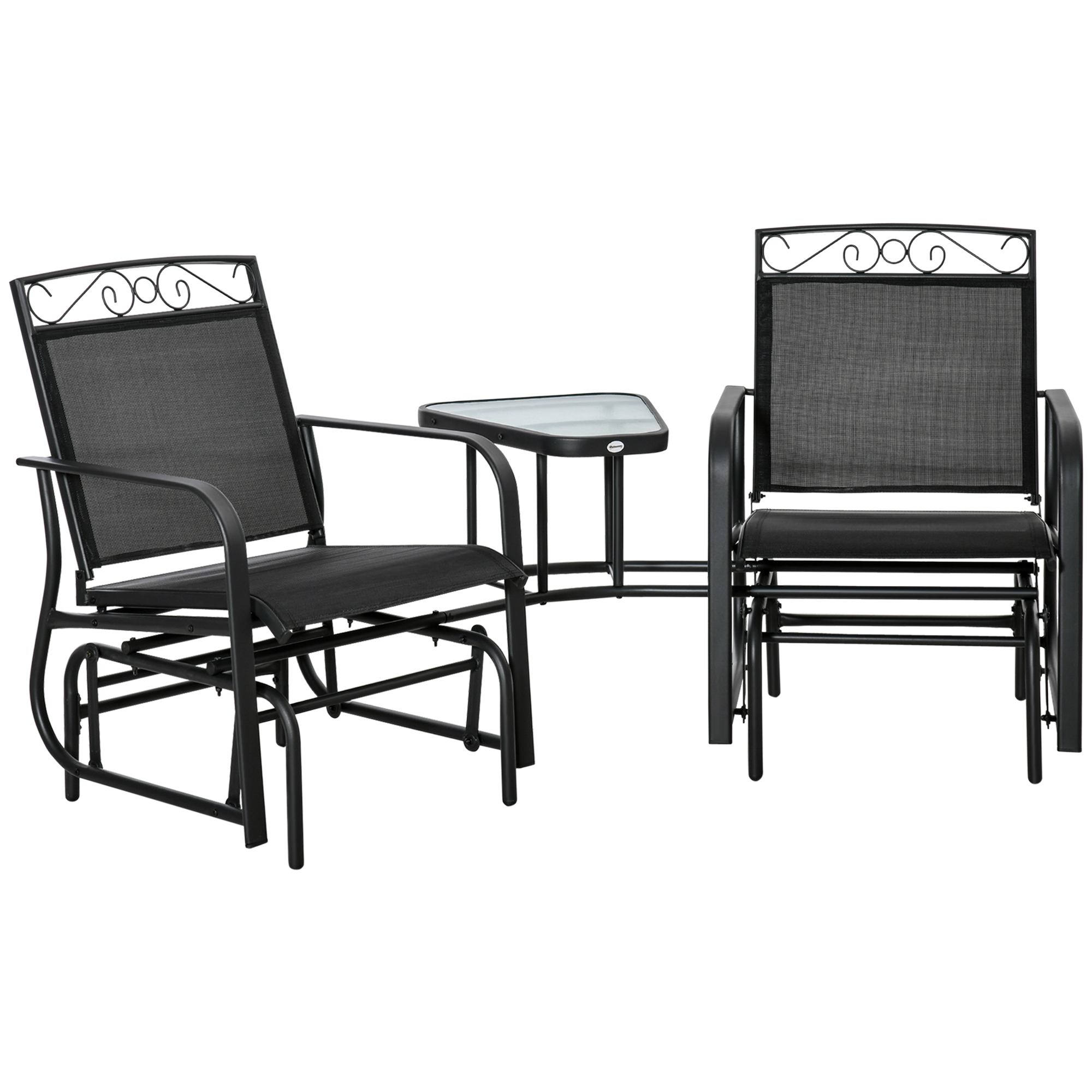 Outsunny Outdoor Glider Chairs with Coffee Table, Patio 2-Seat Rocking Chair Swing with Breathable Sling for Backyard, Black