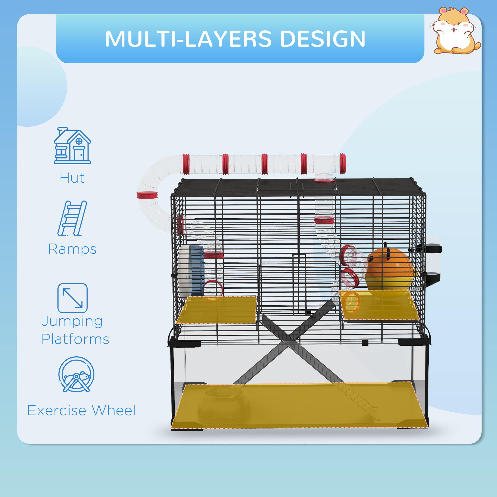 PawHut Hamster Cage with Deep Glass Bottom, Tunnel Tube System ...