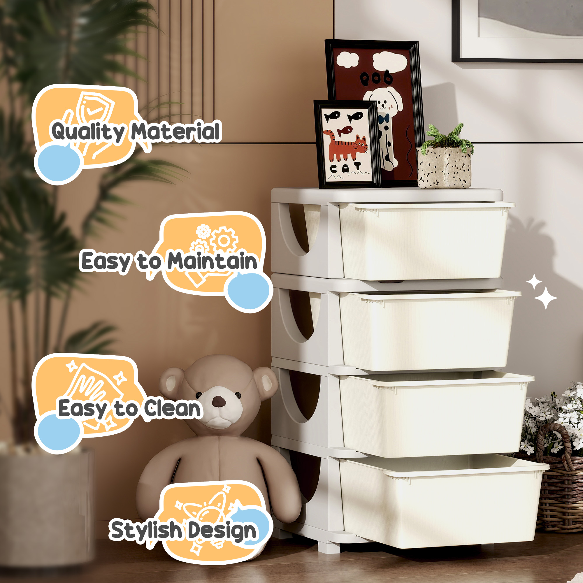 Qaba 30" 4 Tier Kids Storage Unit Dresser Tower w/ 4 Drawers, Cream White 5