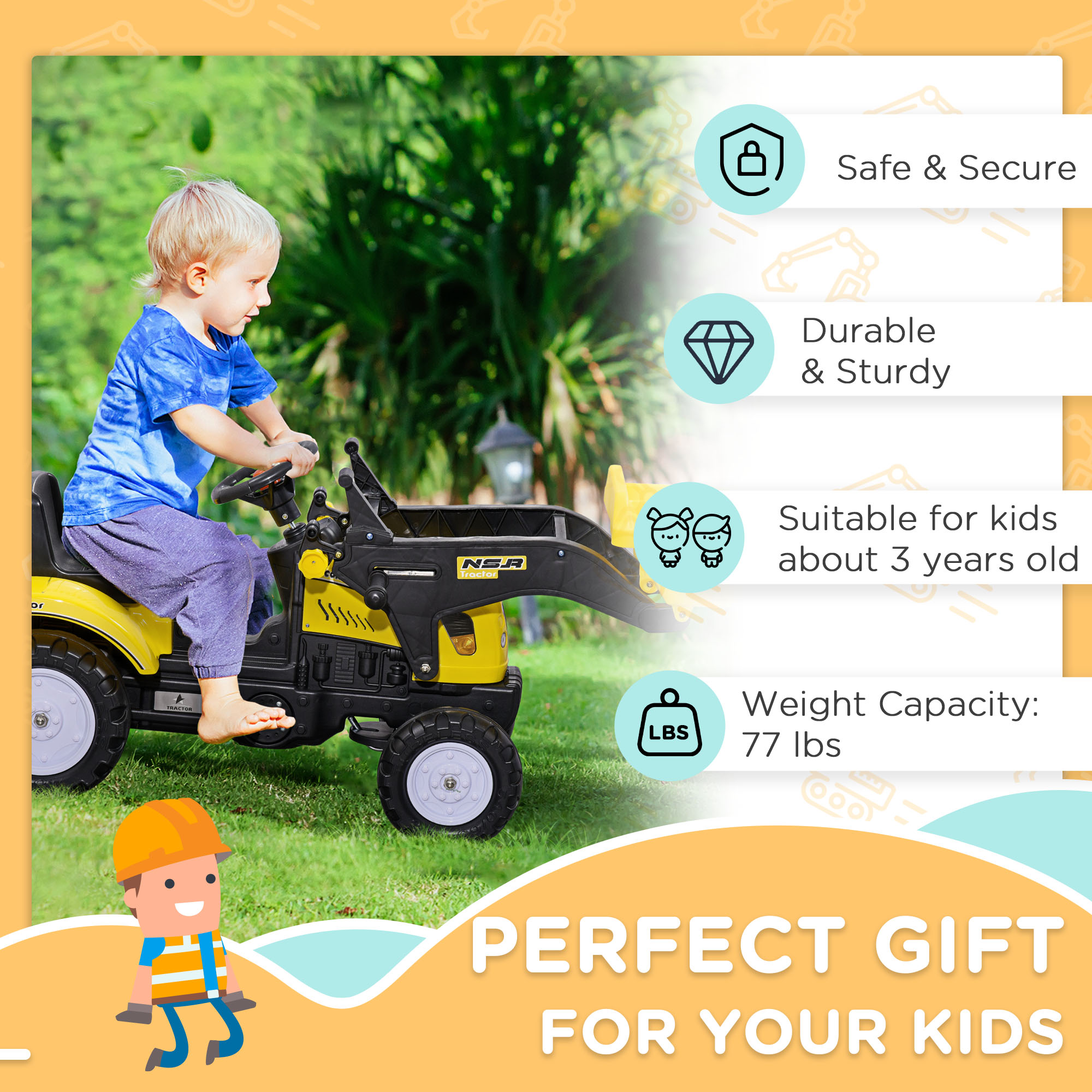Aosom Kids Ride on Excavator, Pedal Go Kart with Front