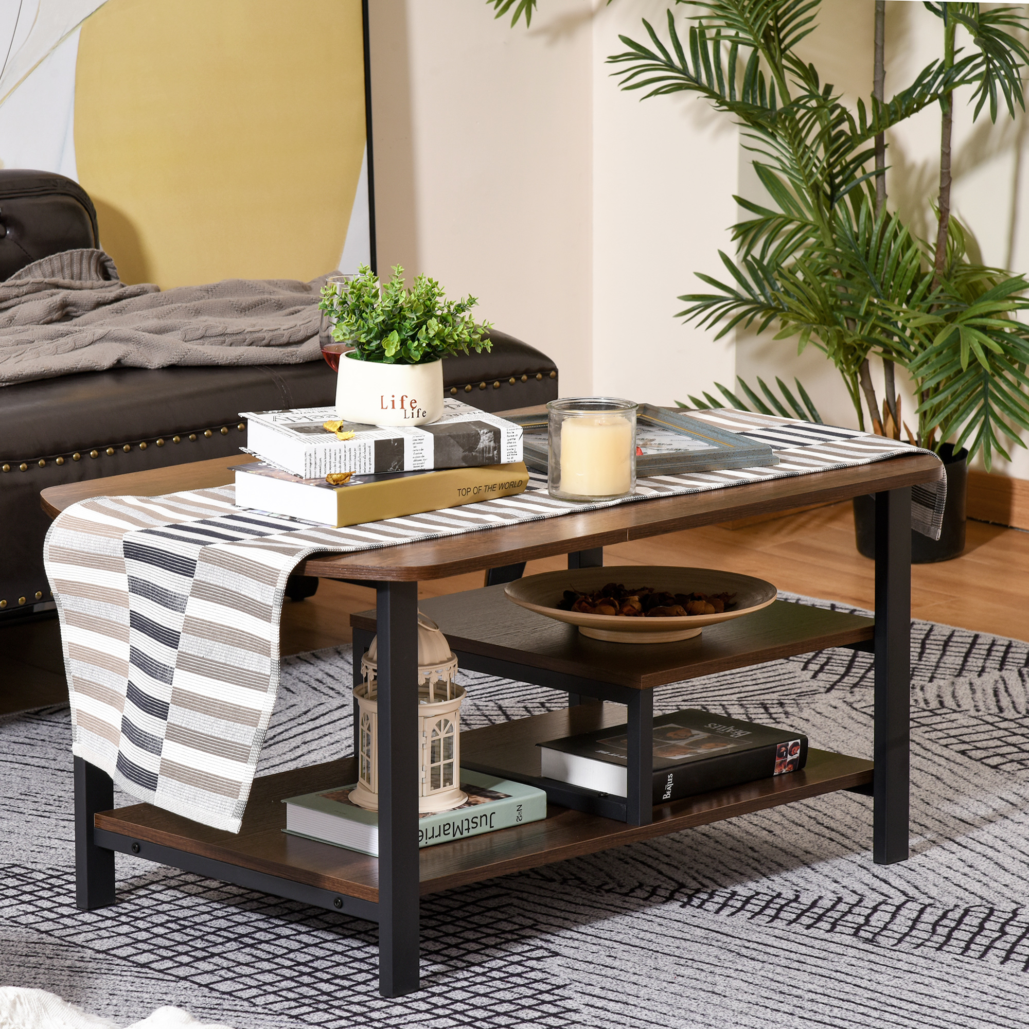 HOMCOM Vintage Industrial Coffee Table with Under-Top Storage Shelves and Rounded Corners, Dark Wood Color 4