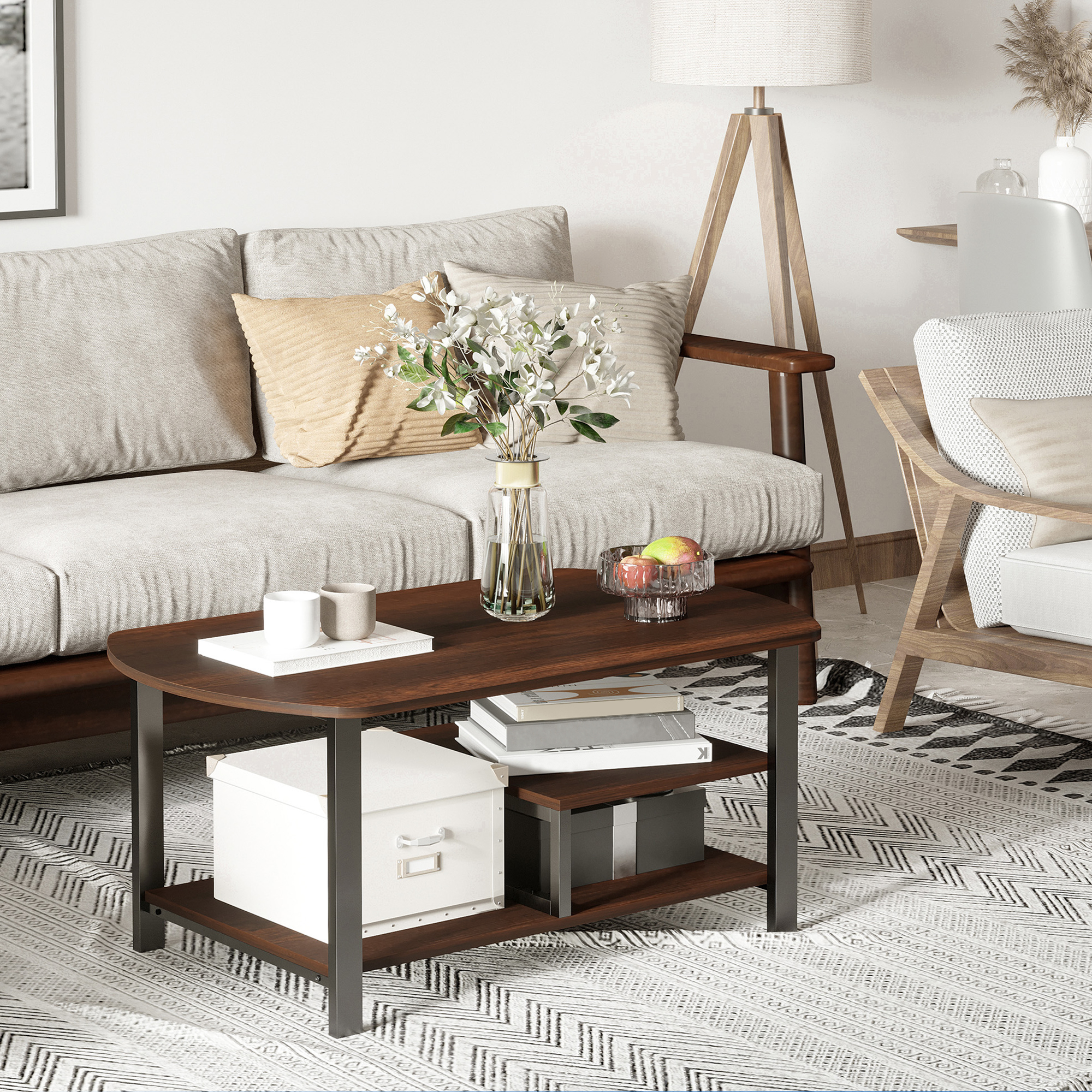 HOMCOM Vintage Industrial Coffee Table with Under-Top Storage Shelves and Rounded Corners, Dark Wood Color 0