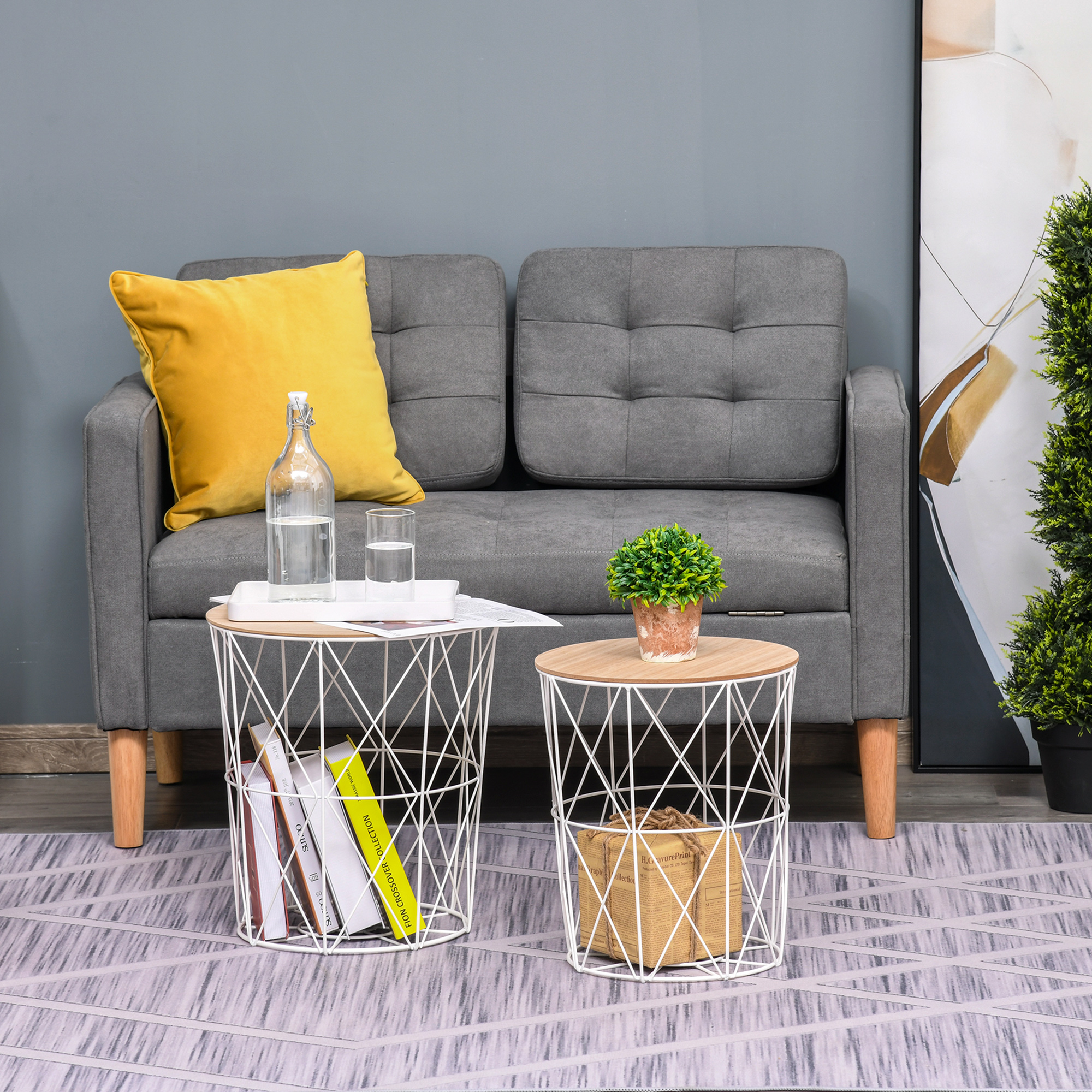 HOMCOM Set of 2 Nesting Side Tables with Metal Wire, Storage