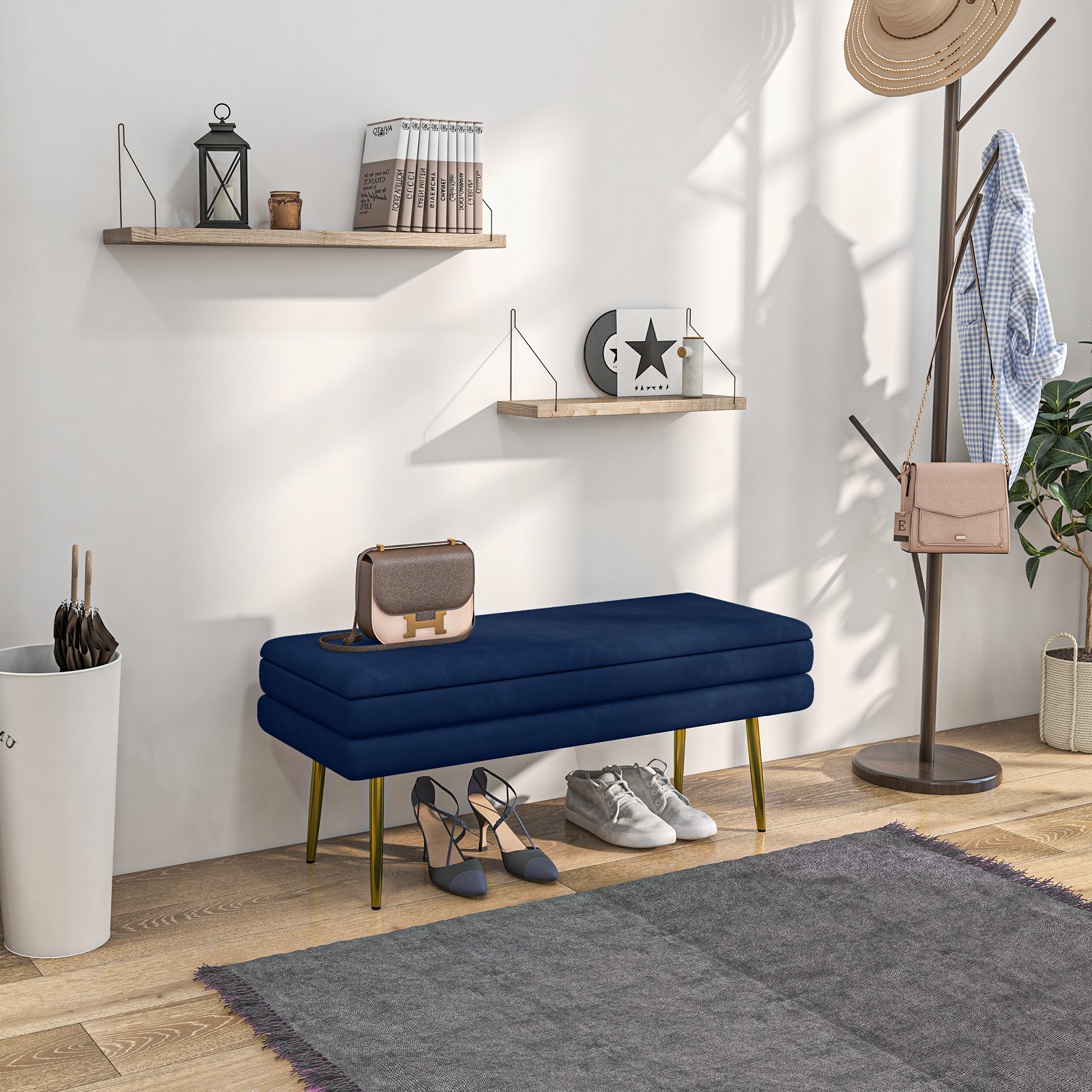HOMCOM End of Bed Bench, Velvet-feel Upholstered Bench with Thick Padded Seat and Steel Legs, Modern Bedroom Bench, Dark Blue Aosom Canada