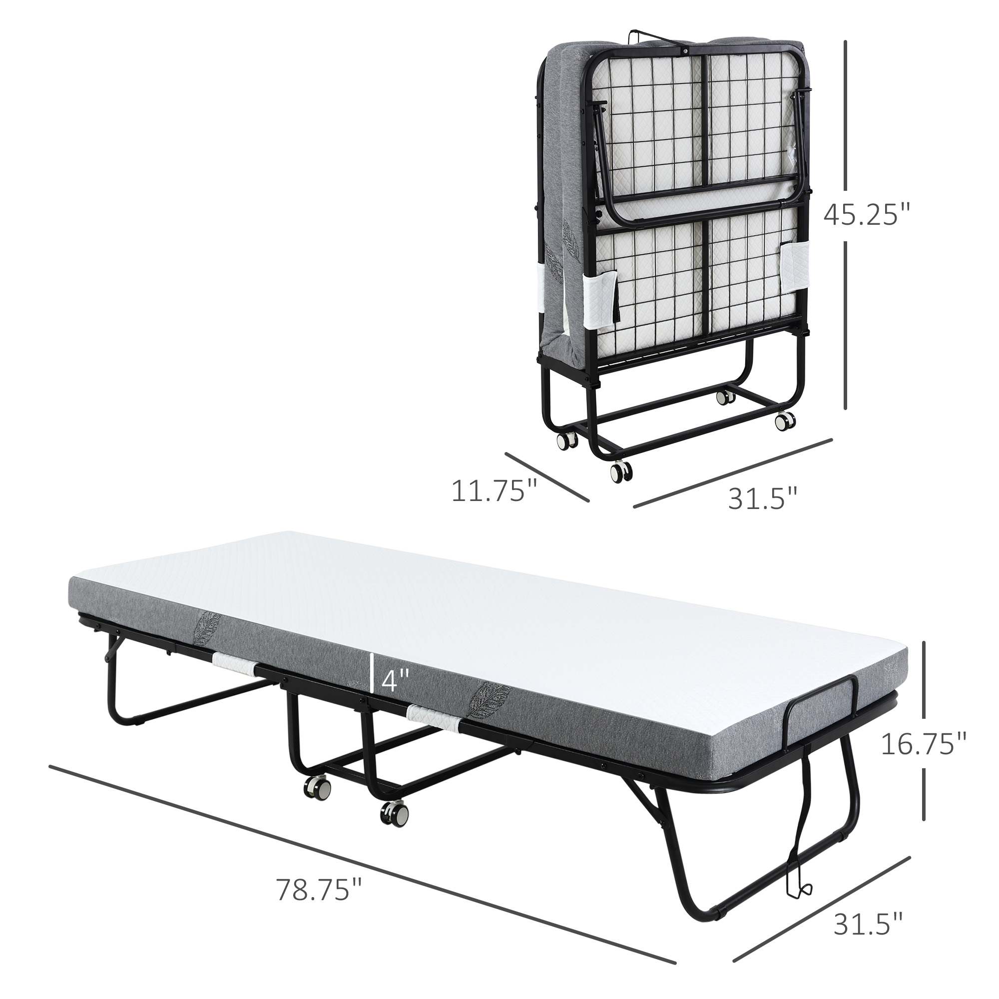 HOMCOM Folding Rollaway Bed with Mattress Portable White Guest Bed with Metal Frame and Wheels | Aosom.com 1