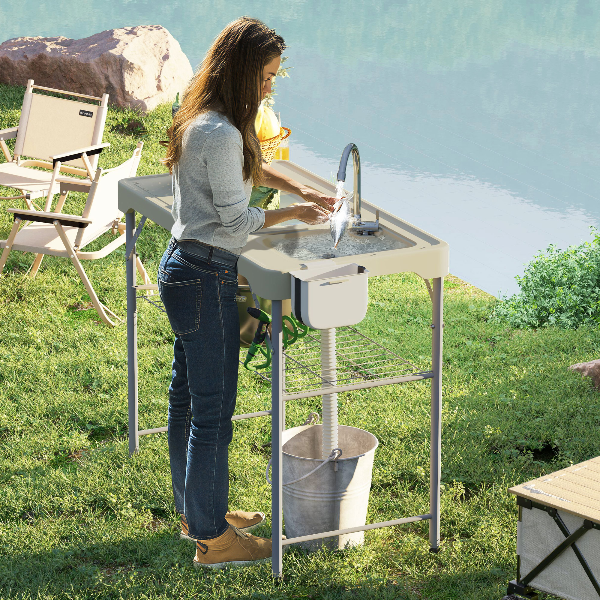 IWDOO 42.5 Fish Cleaning Table with Sink, Folding Camping Table & F