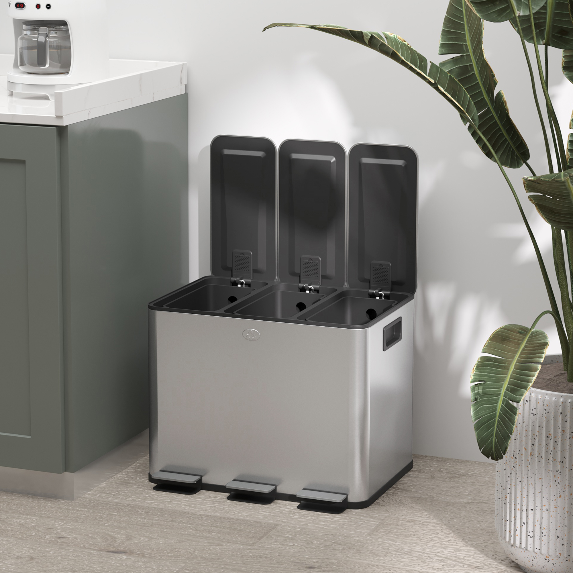 Garbage シングル HOMCOM Triple Garbage Bin, Soft-Close Trash Can with Foot