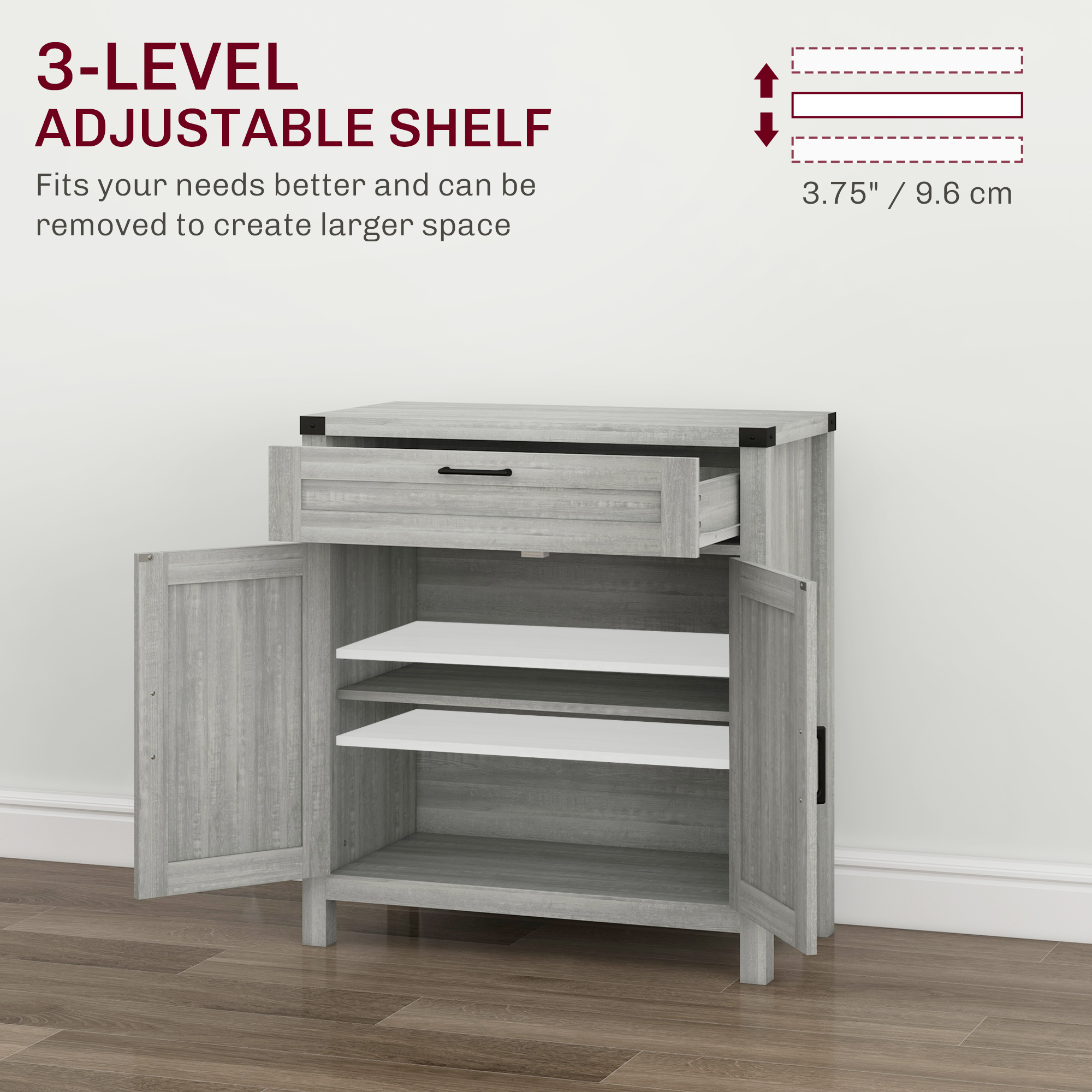 HOMCOM Modern Farmhouse Sideboard Storage Cabinet, Buffet Cabinet with 2 Barn Doors and Drawer for Dining Room, Gray | Aosom.com 3
