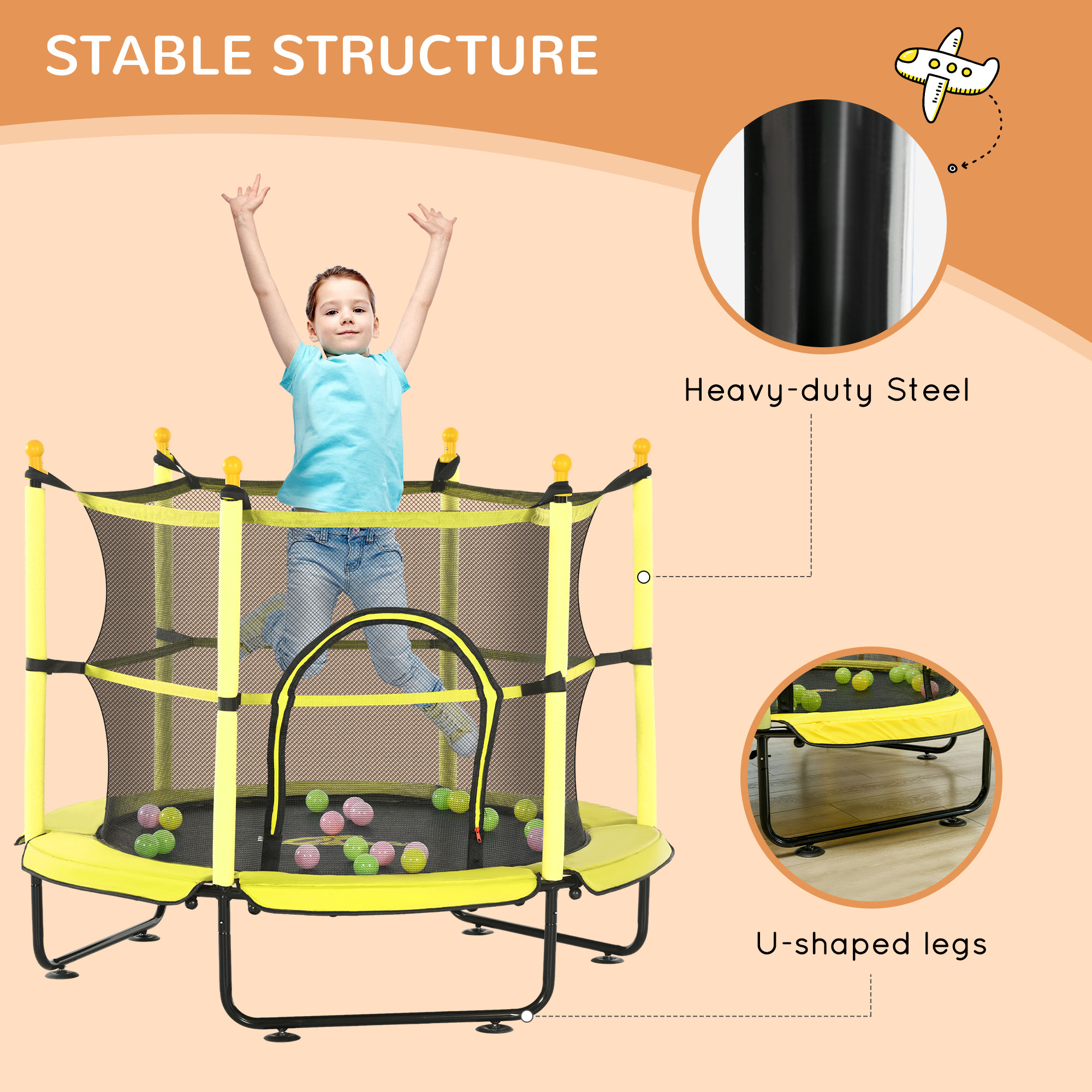 Qaba Kids 4.6 Ft Trampoline with Safety Enclosure & Ball Pit, Yellow, Indoor Play Equipment | Aosom.com 3