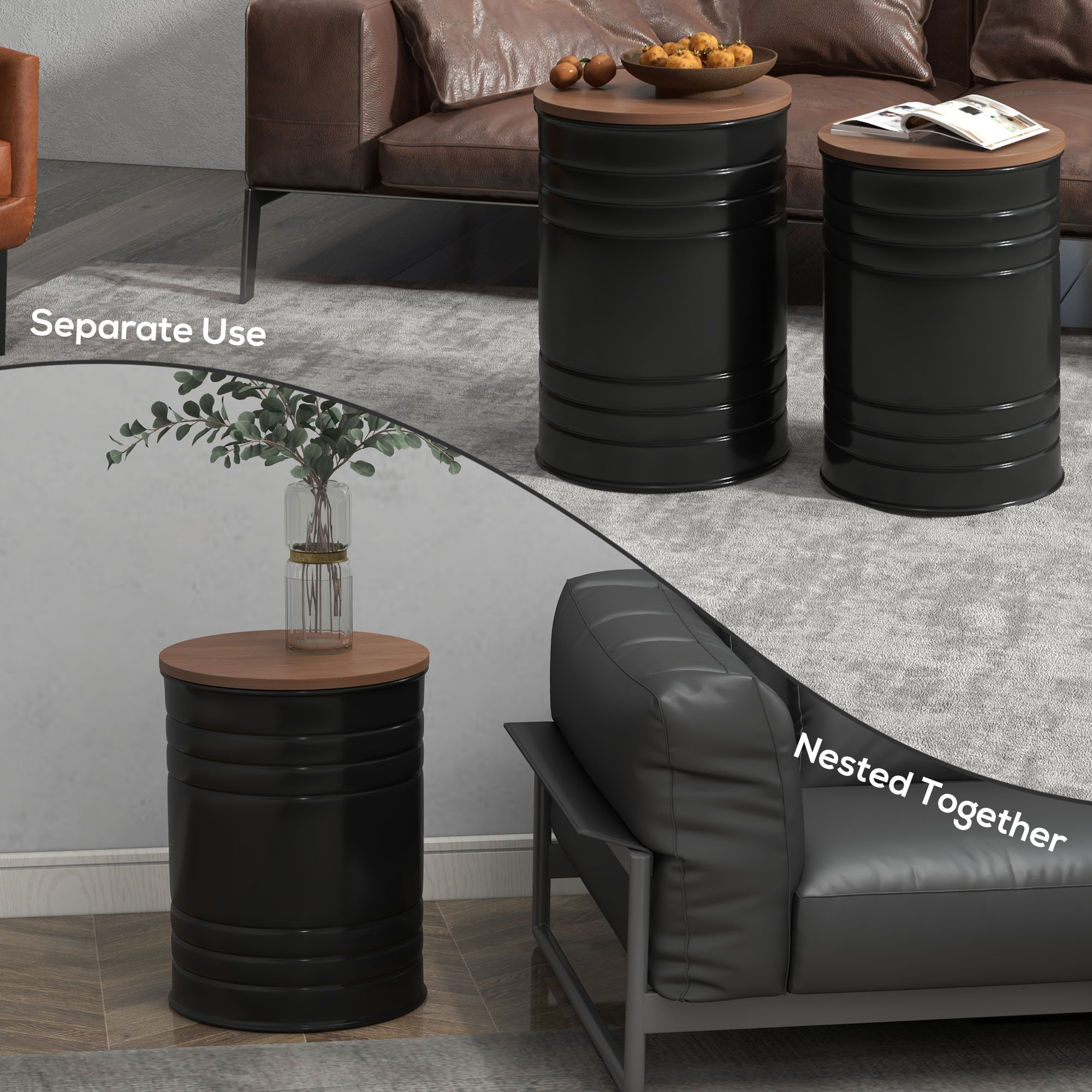 HOMCOM Round Storage Ottoman Set of 2, Nesting Ottomans with Wooden Lid ...