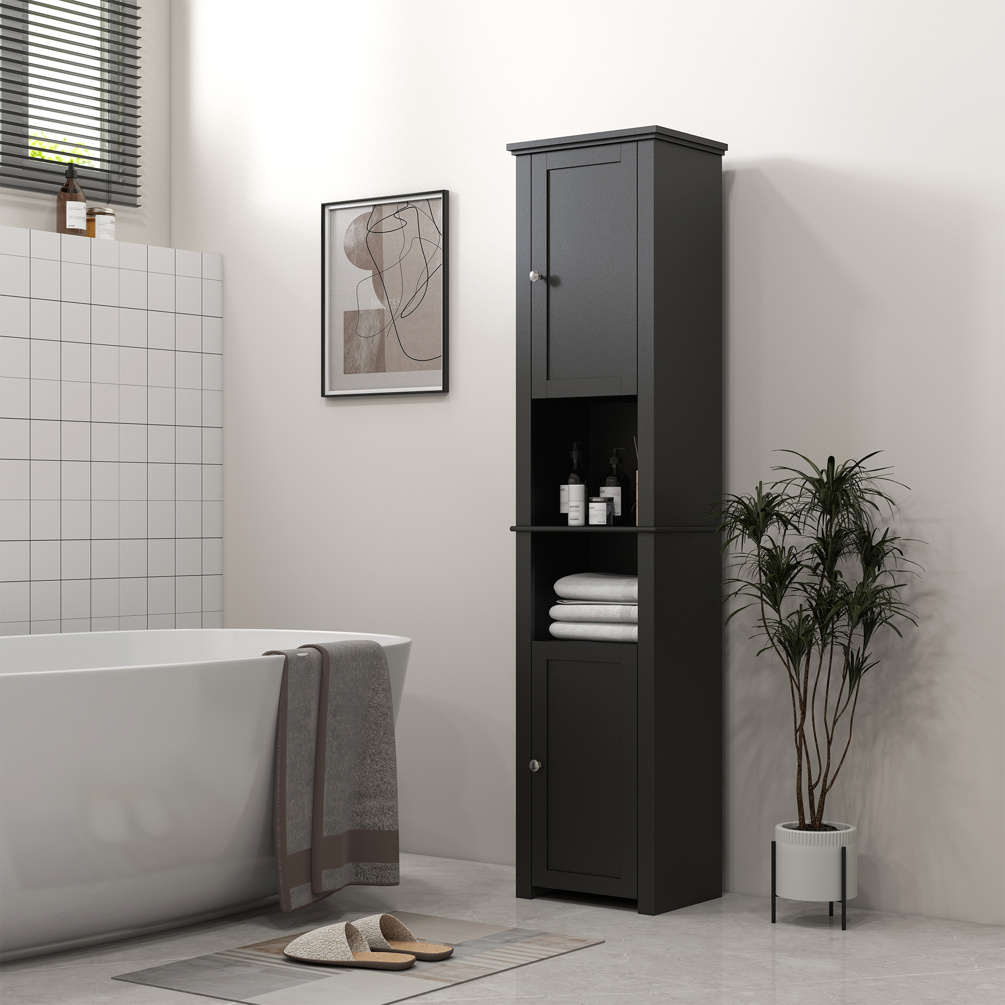 Freestanding Bath Organizer Organizer Unit with Shelves and 2 Cupboards, Tall Medicine Organizer Unit, Bath Organizer, Black 2