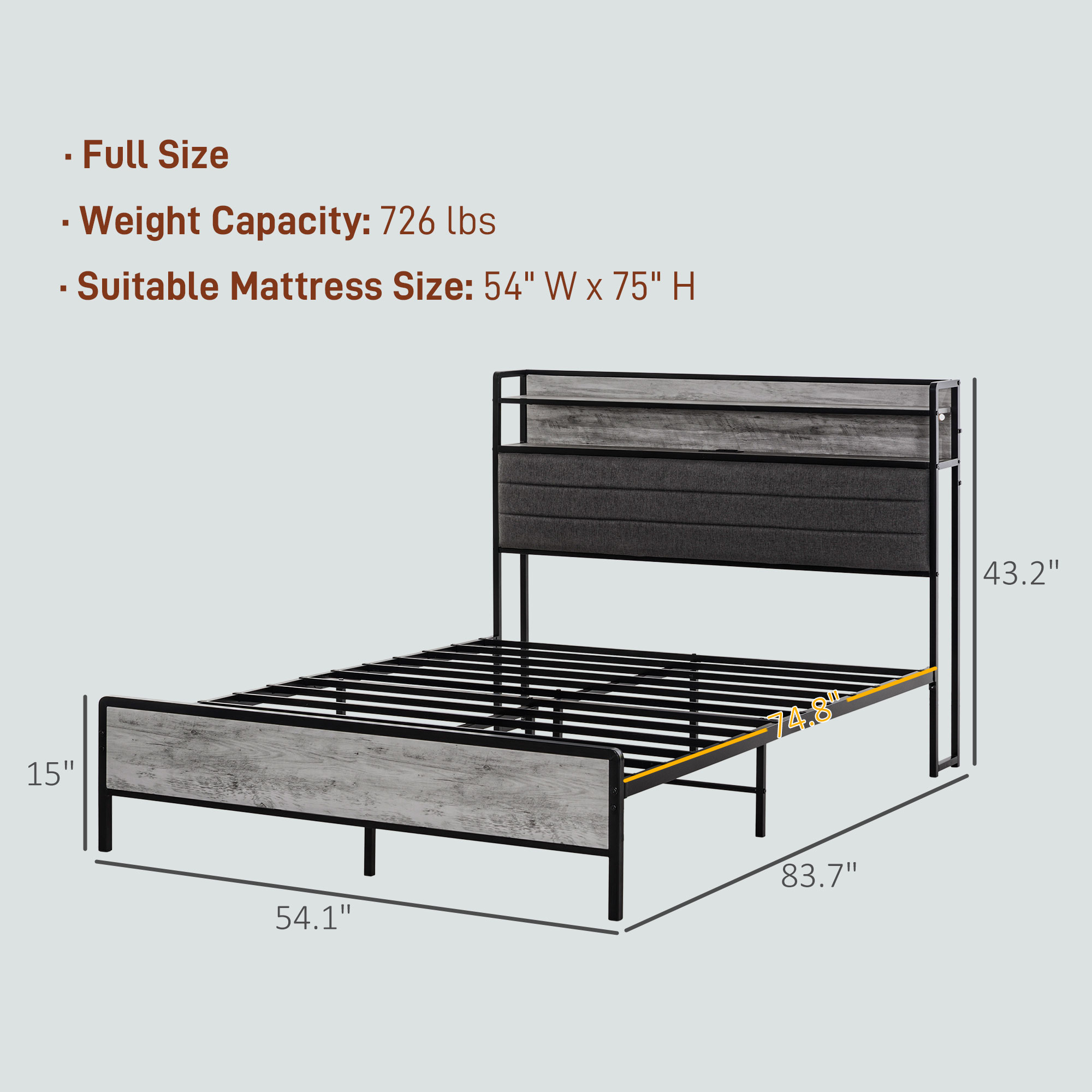 HOMCOM Full Bed Frame with Storage Upholstered Headboard, Full Size Bed Frame with LED Lights, Charging Station, Cement Gray | Aosom.com 1