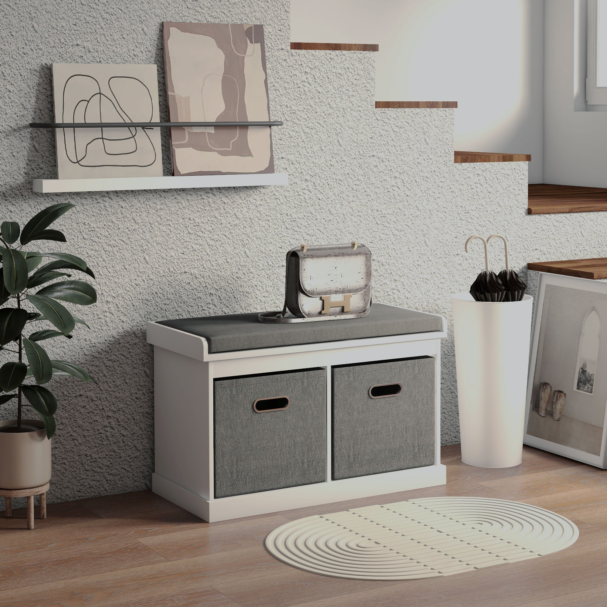 HOMCOM Shoe Storage Entryway Bench Seat with Cushion 2 Fabric Drawers for Hallway White Aosom Canada