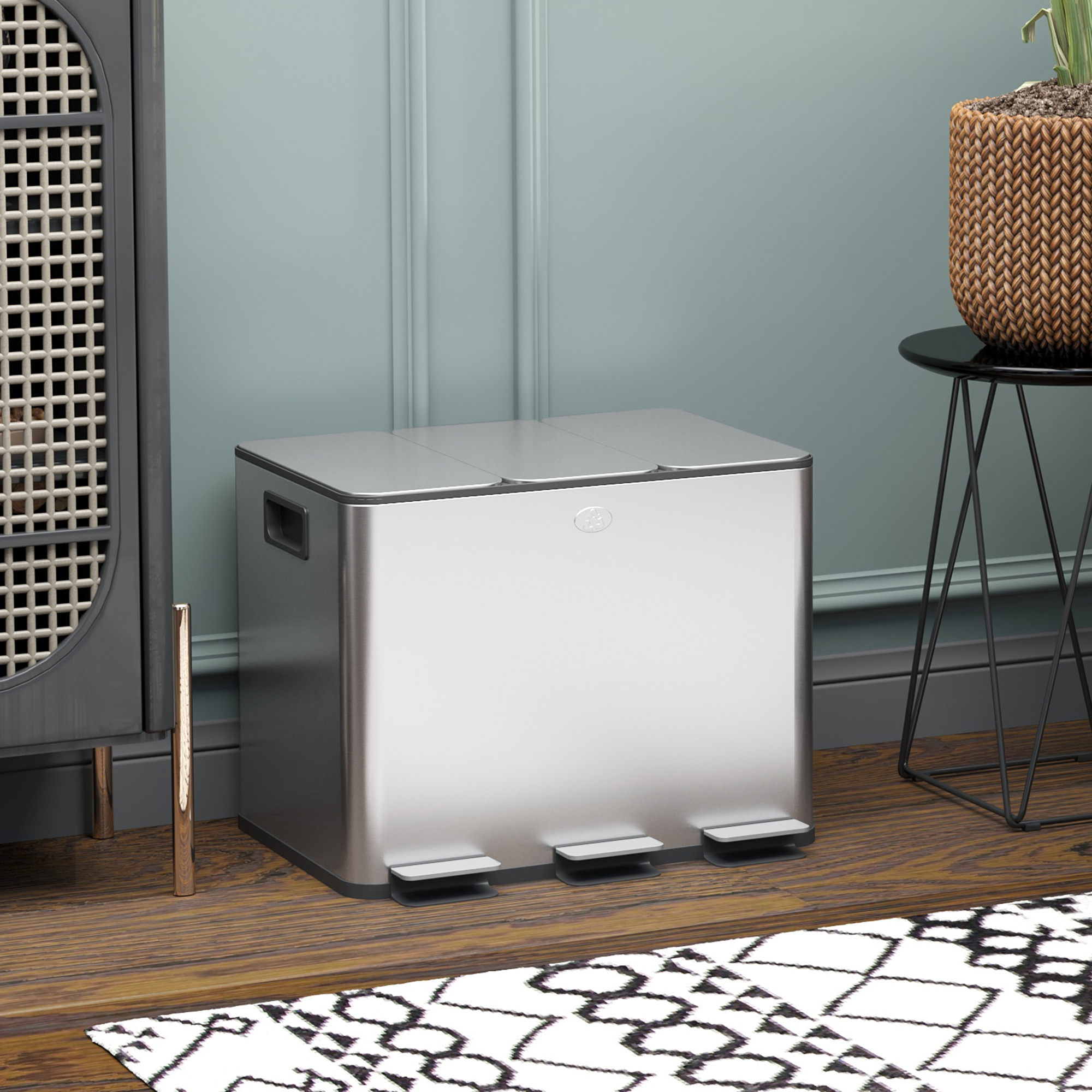 Garbage シングル HOMCOM Triple Garbage Bin, Soft-Close Trash Can with Foot