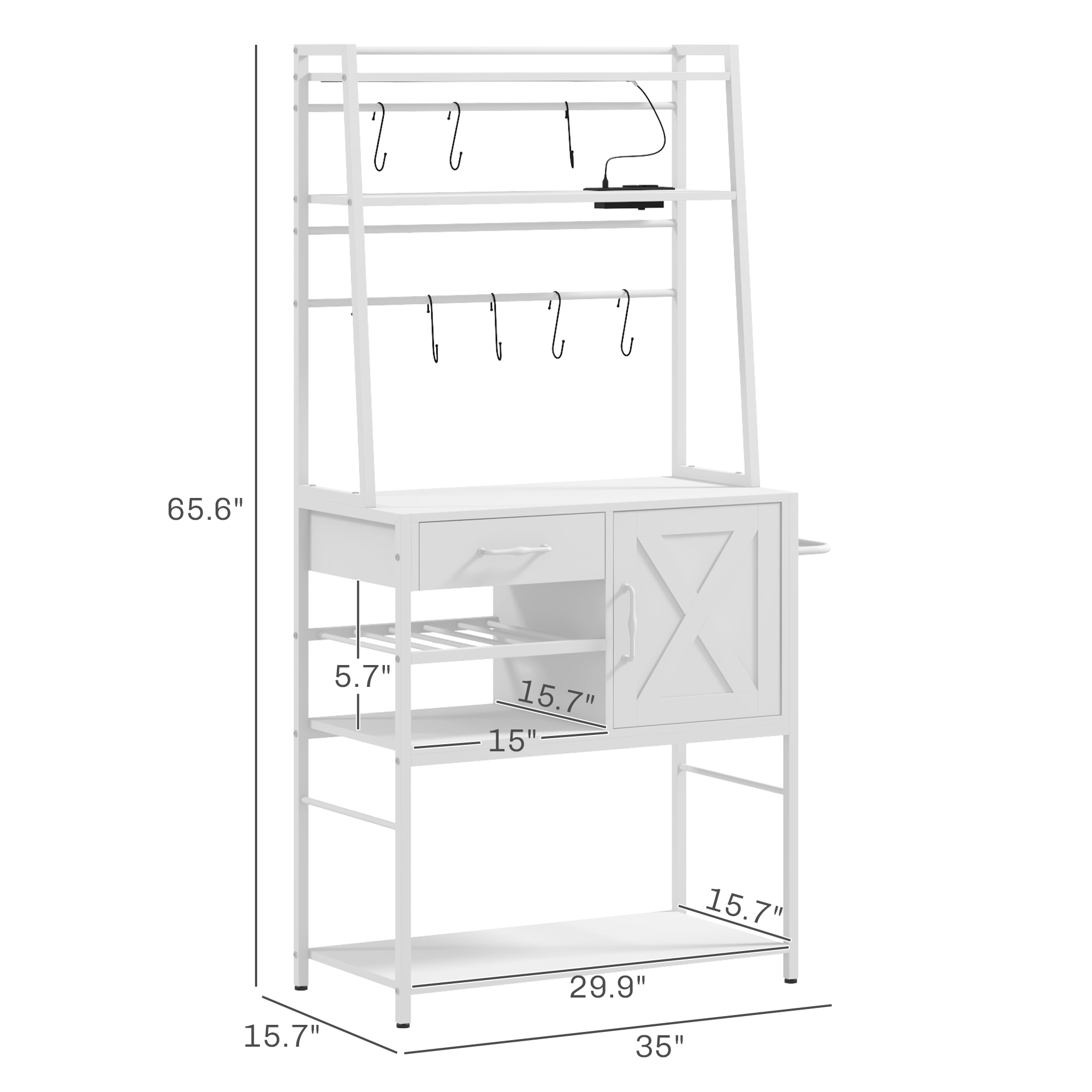 HOMCOM Industrial Kitchen Shelving Unit, White with Charging Station, LED Lights & Barn Door | Aosom.com 1