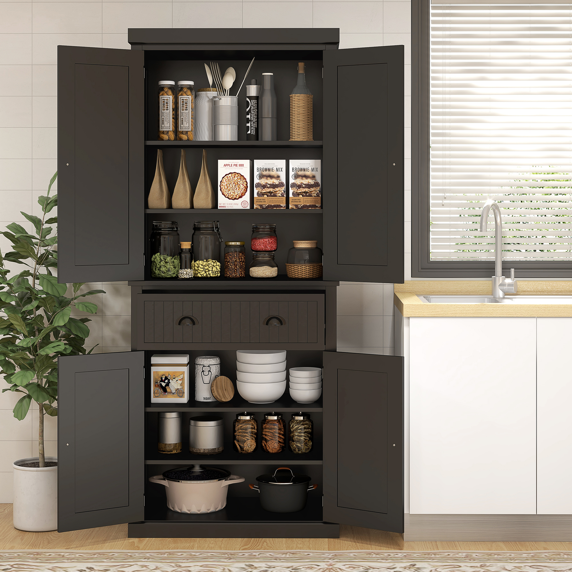 71" Heavy-Duty Kitchen Pantry Cabinet, Sturdy Freestanding Storage With Reinforced Frame, Large Black Pantry Hutch For Kitchen, Dining Room
