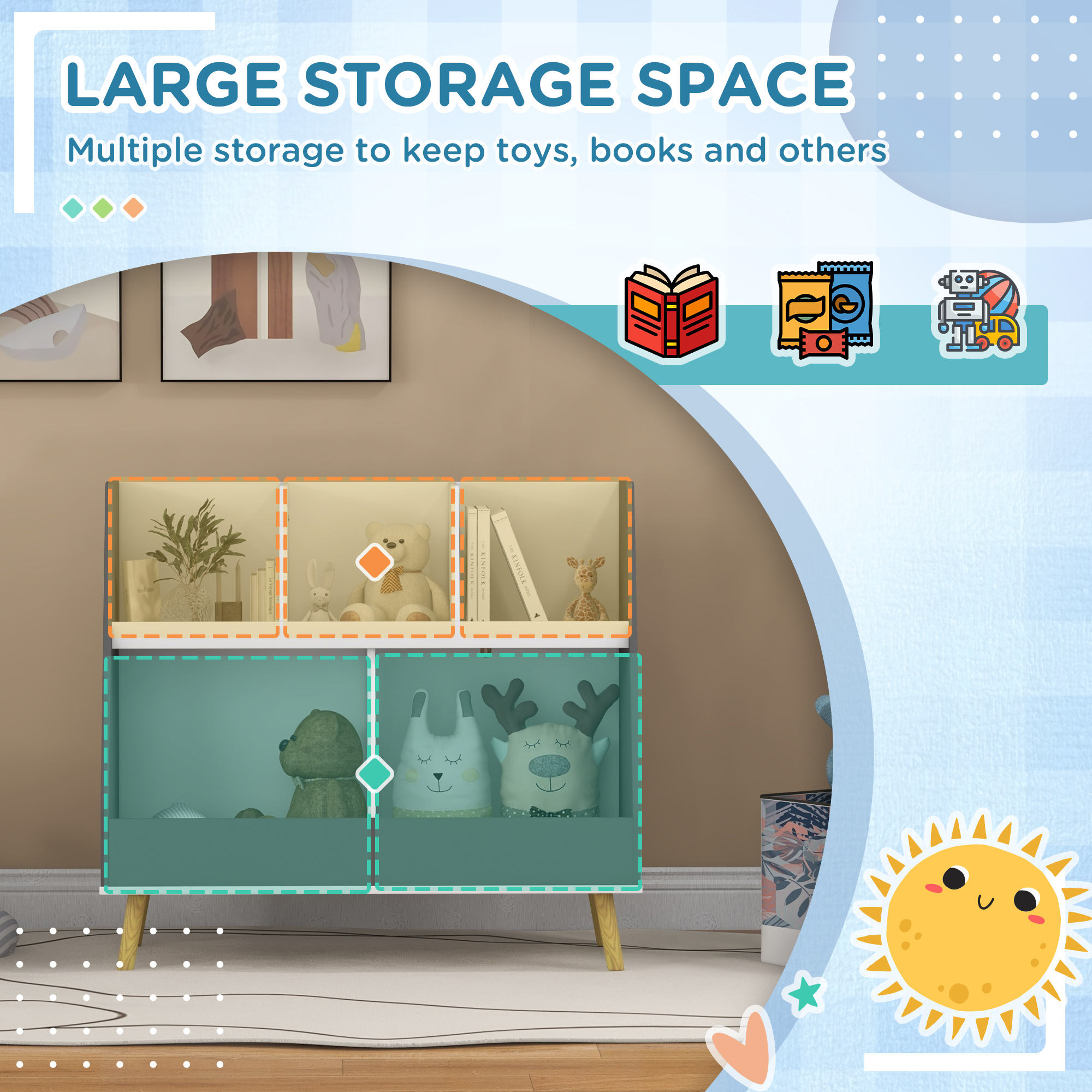Qaba 2 Tier Gray Kids Bookcase & Toy Shelf, 5 Compartments with Anti-Tip Device for Nursery, Playroom | Aosom.com 2