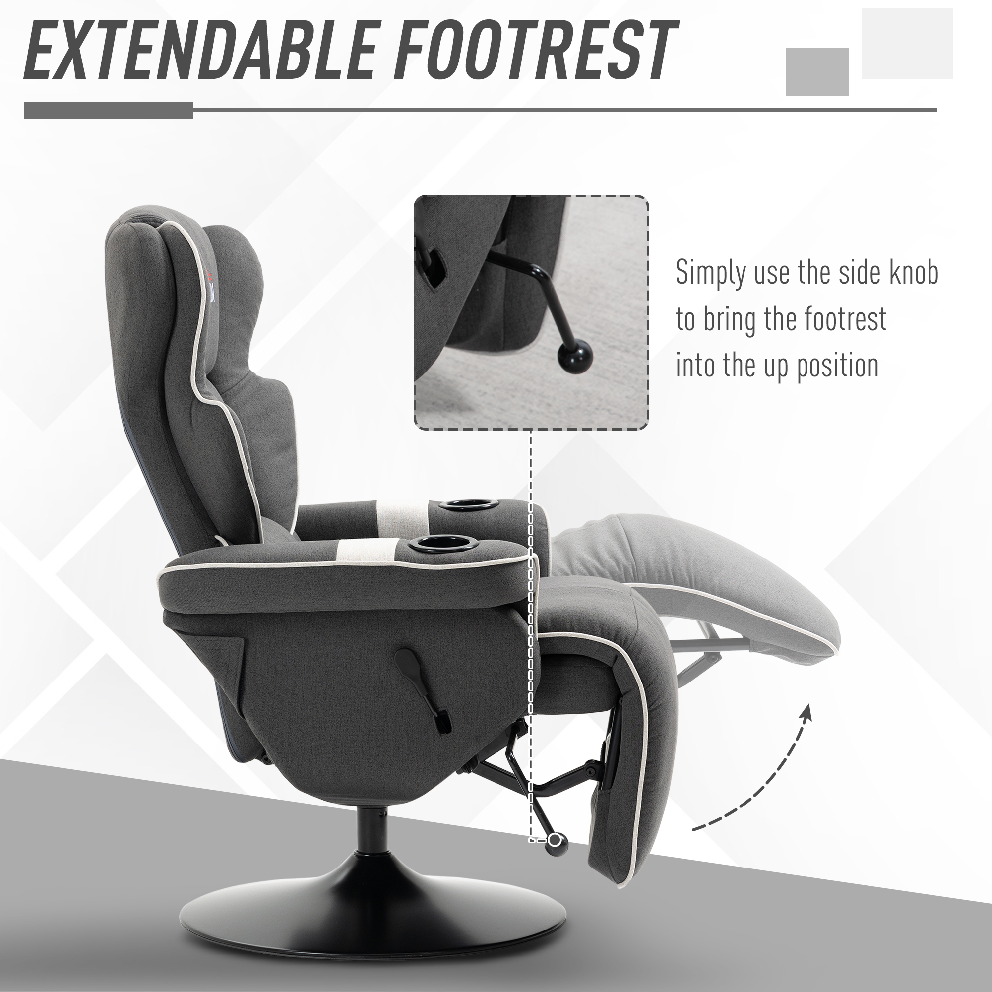 HOMCOM Manual Recliner, Swivel Lounge Armchair with Footrest and 2 Cup Holders for Living Room, Home & Office, 150° Reclining Function, Black 3