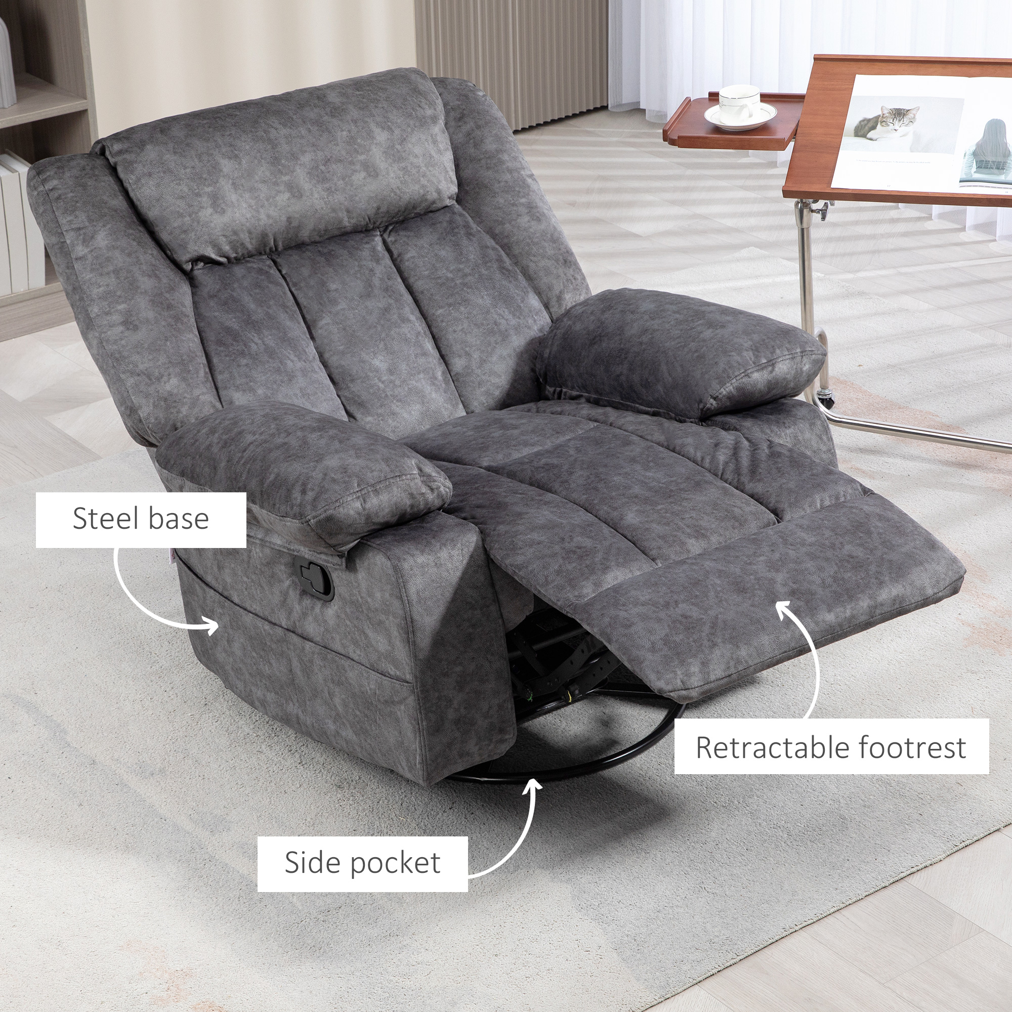 HOMCOM Fabric Swivel Rocker Recliner Chair Charcoal Gray with Footrest Side Pockets for Nursery | Aosom.com 5