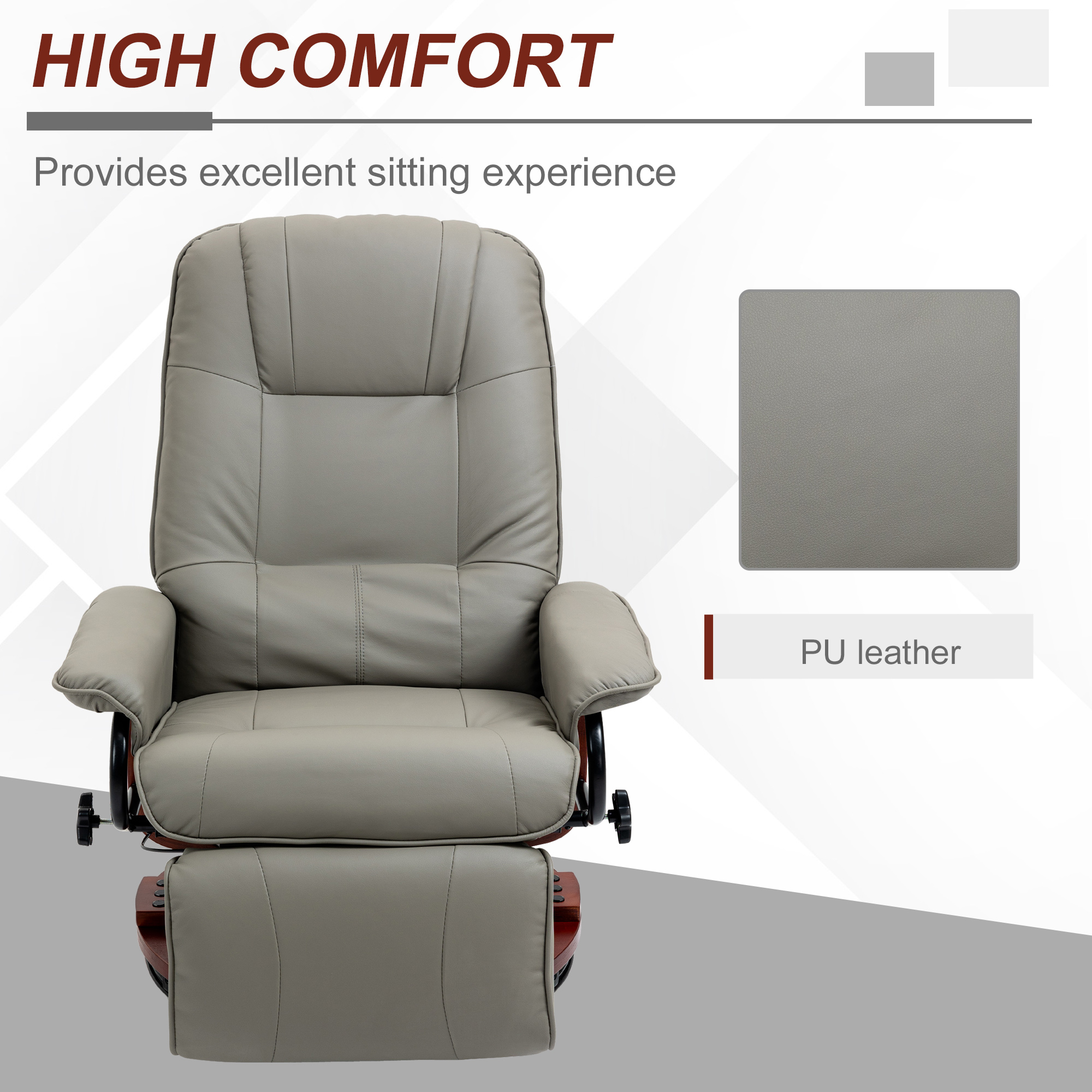 HOMCOM Adjustable Swivel Recliner Armchair, Faux Leather Manual Recliner with Footrest, Armrest and Wood Base for Living Room, Gray| Aosom.com 5