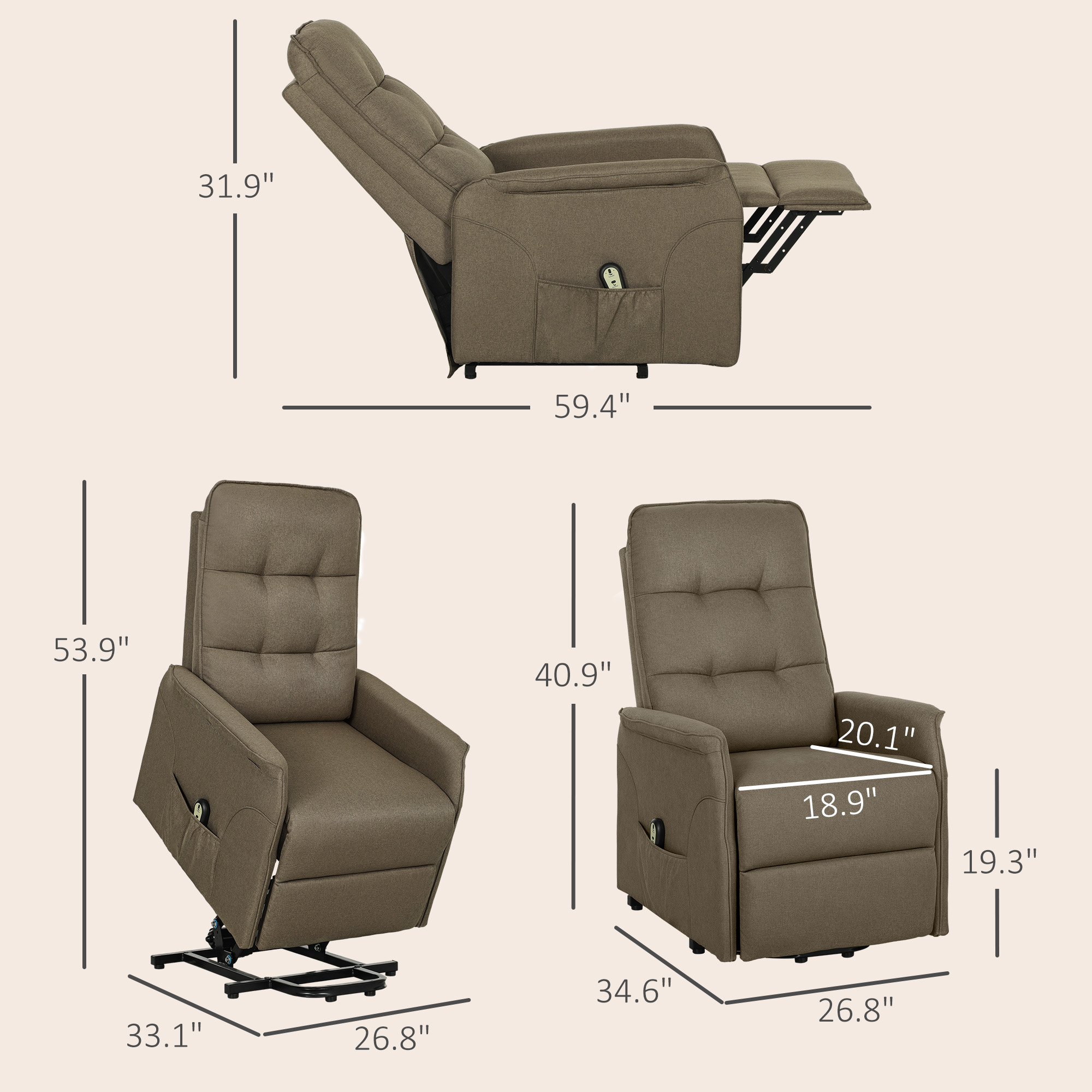 HOMCOM Power Lift Chair for Elderly, Fabric Recliner Sofa with Remote Control, Side Pockets, Quick Assembly, Brown 1