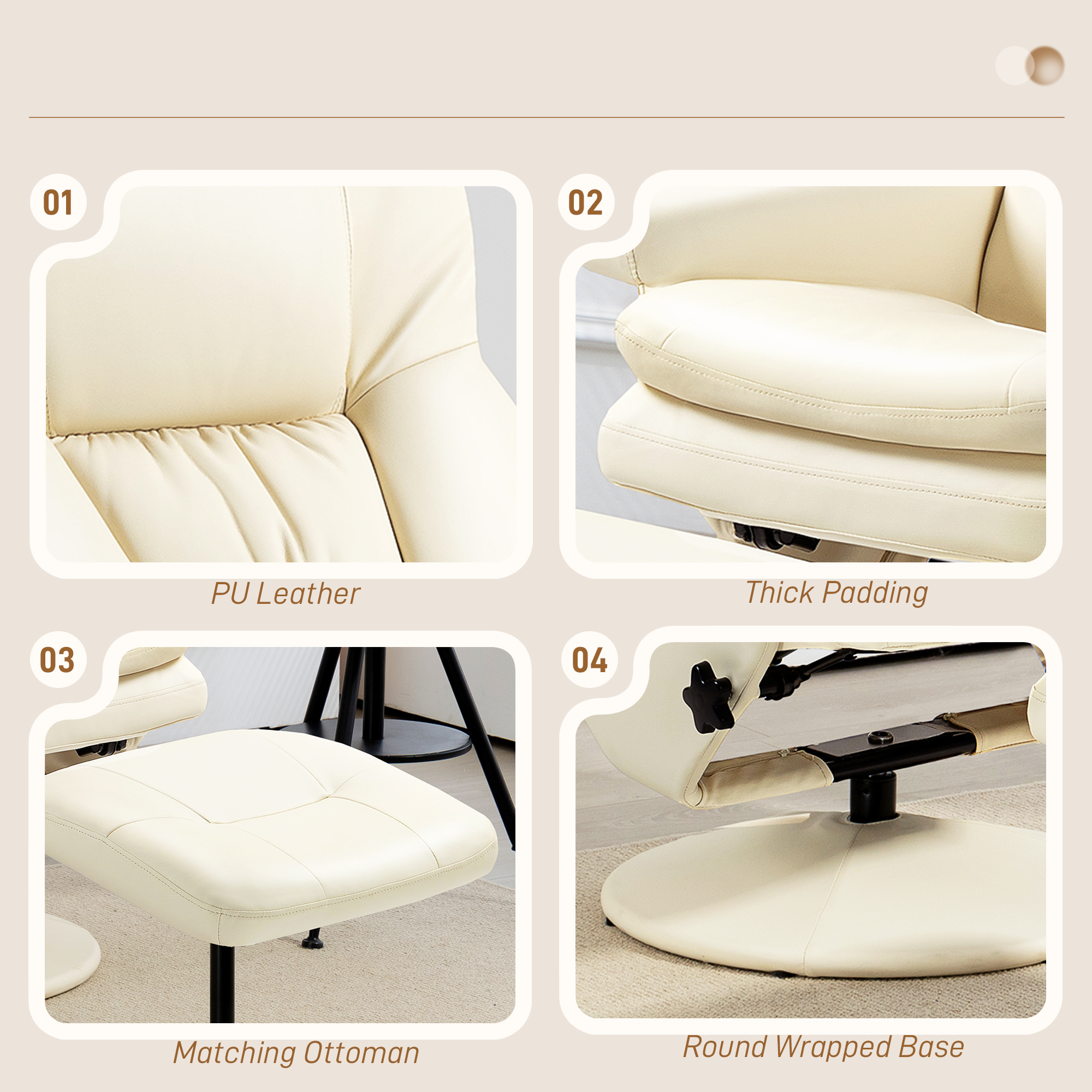 HOMCOM Swivel Recliner Chair with Ottoman, Upholstered Recliner and Footrest with Round Wrapped Base for Living Room, Cream White| Aosom.com 4
