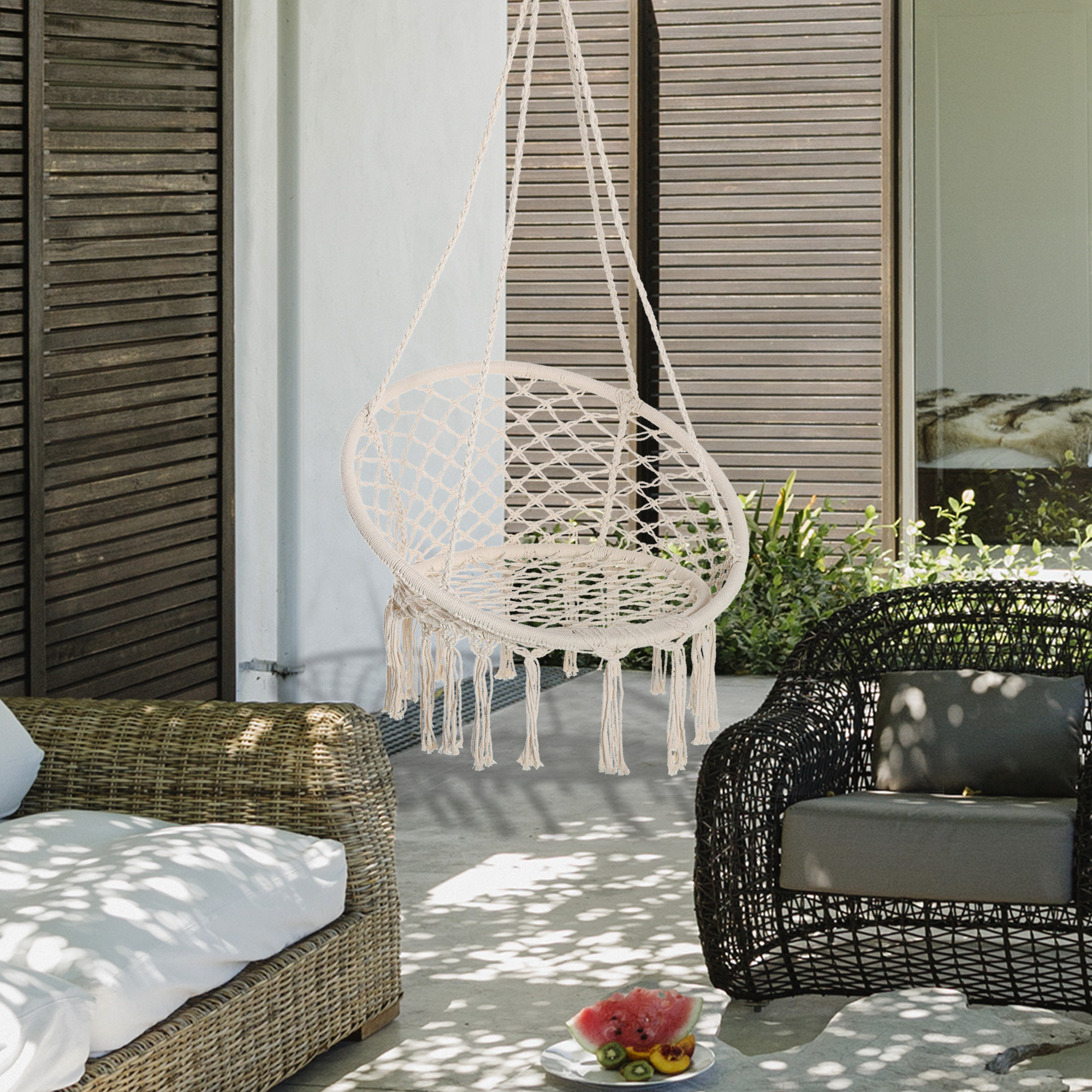Outsunny Hammock Chair Hanging Rope Swing Indoor Outdoor Backrest Cotton Polyester Fringe Tassels Cream White Aosom Canada