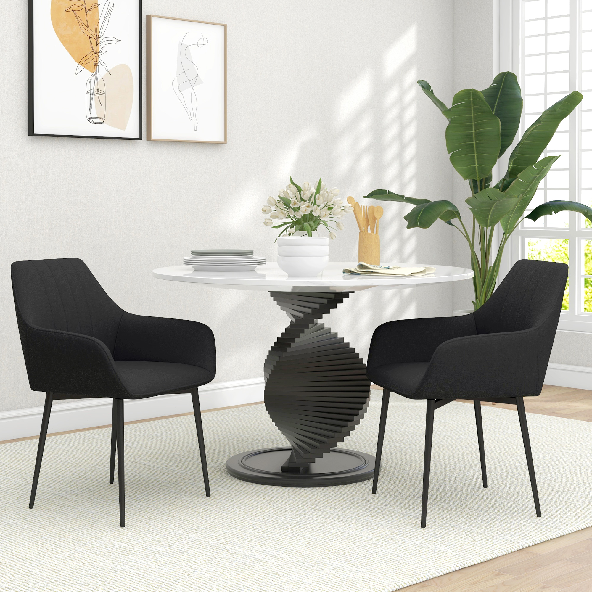 HOMCOM Upholstered Dining Chairs Set of 2, Linen Fabric Accent Chairs with Padded Seat and Metal Legs for Restaurant, Cafe, Black Aosom Canada