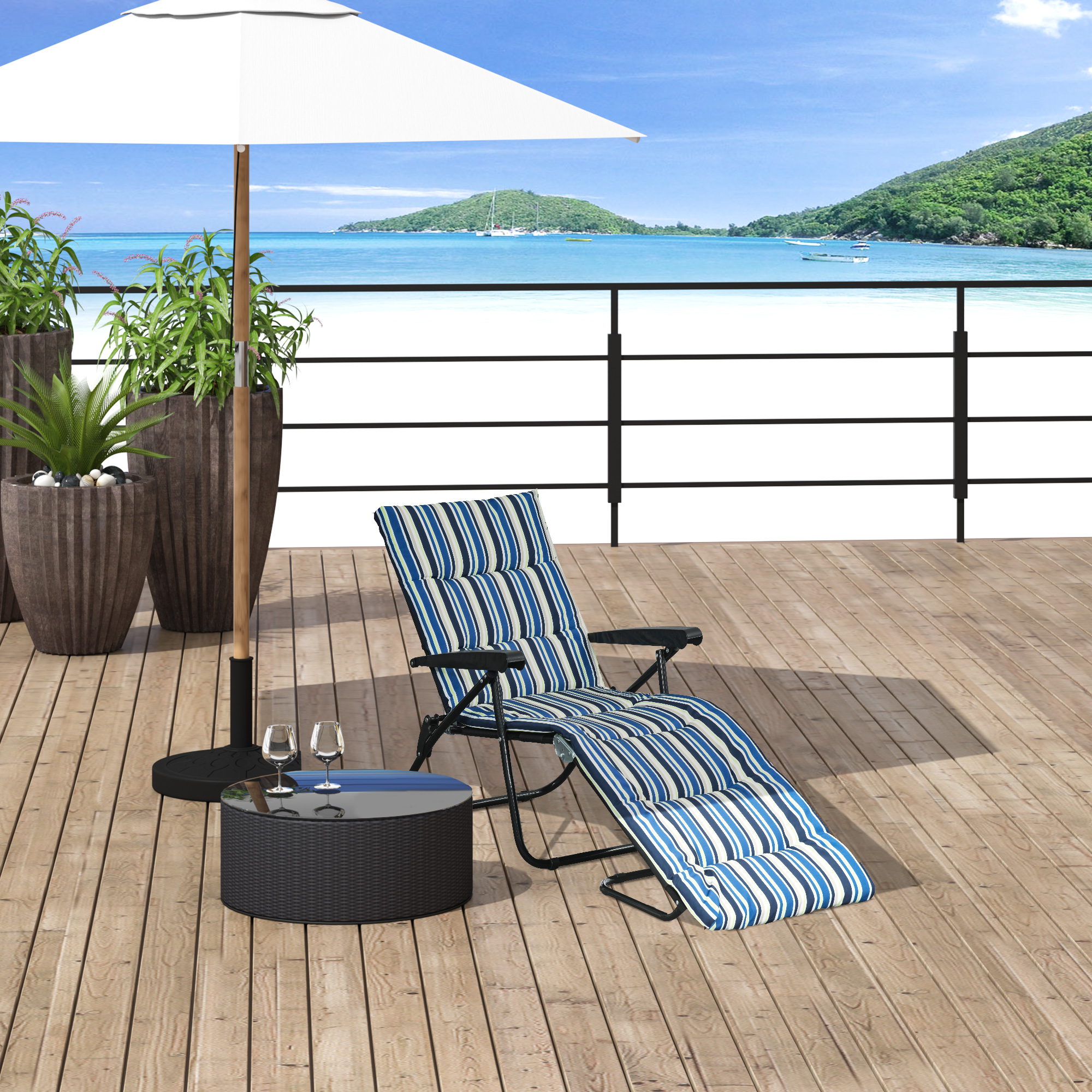 Outsunny Foldable Lounge Chair, Reclining Patio Sun Lounger with 6-Position Adjustable Back, Blue and White Aosom Canada
