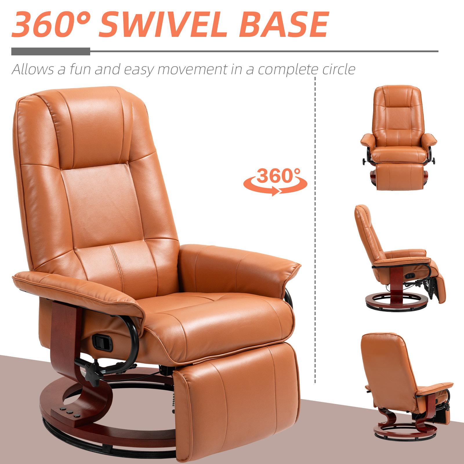 Leather Manual Recliner Adjustable Swivel Lounge Chair with Footrest Armrest and Wrapped Wood Base for Living Room, Light Brown | Aosom.com 3