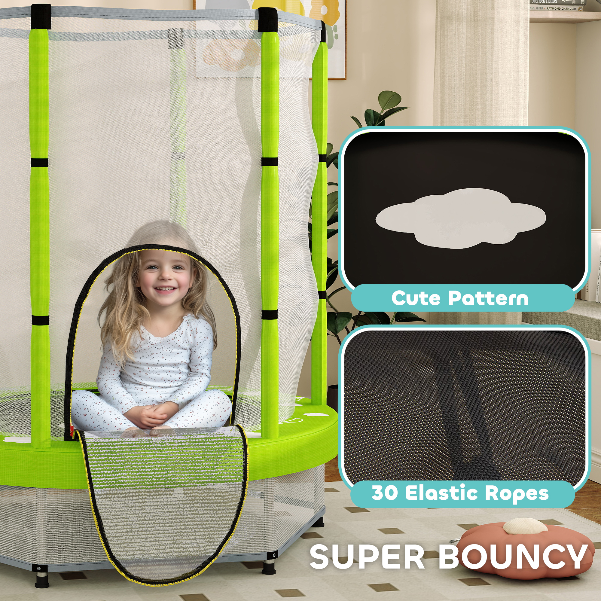 Qaba 4.6FT Toddler Trampoline w/ Safety Net, Recreational Trampoline for Indoor Outdoor, Cloud Pattern, Green 3