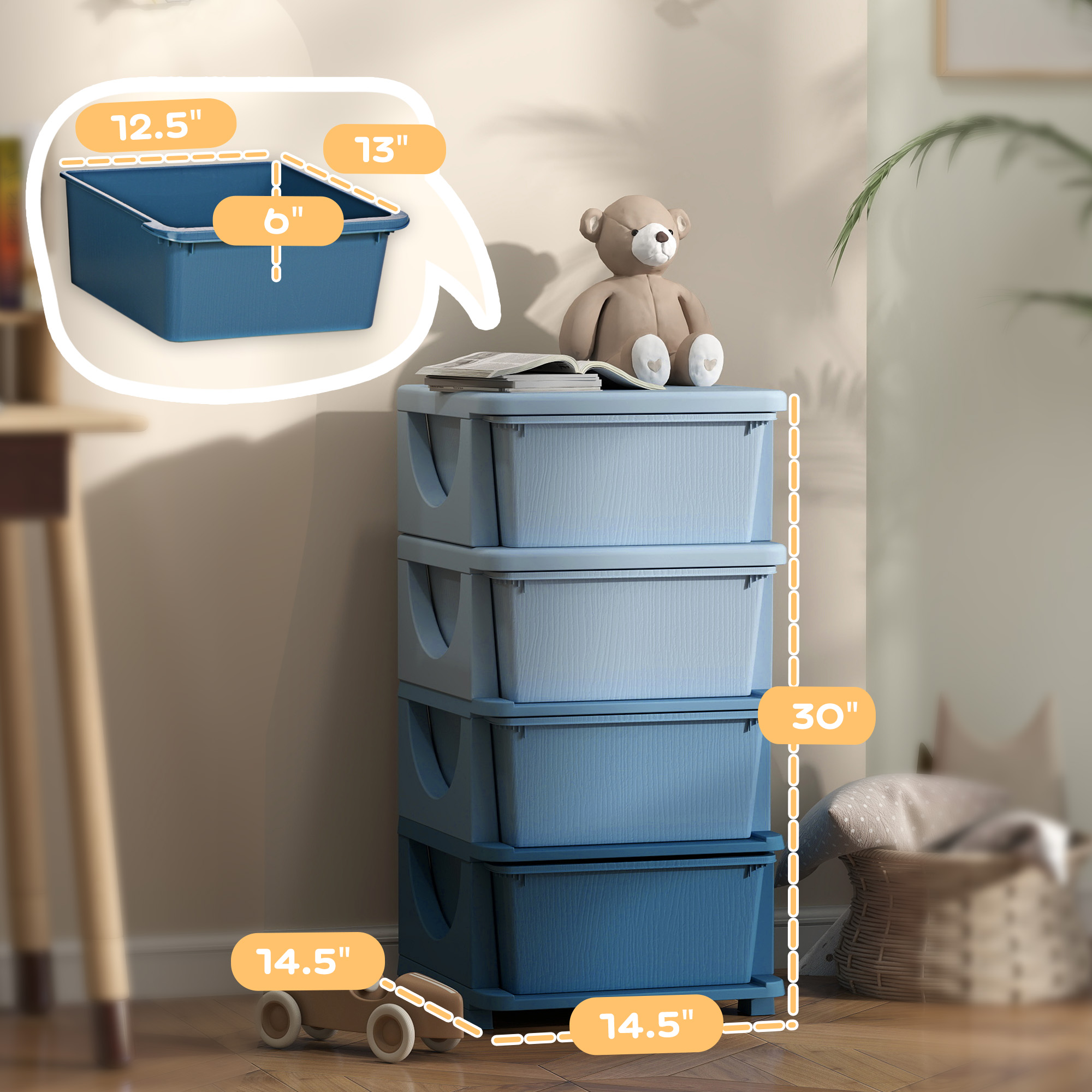 Qaba 30" 4 Tier Kids Storage Unit Dresser Tower w/ 4 Drawers, Blue 1