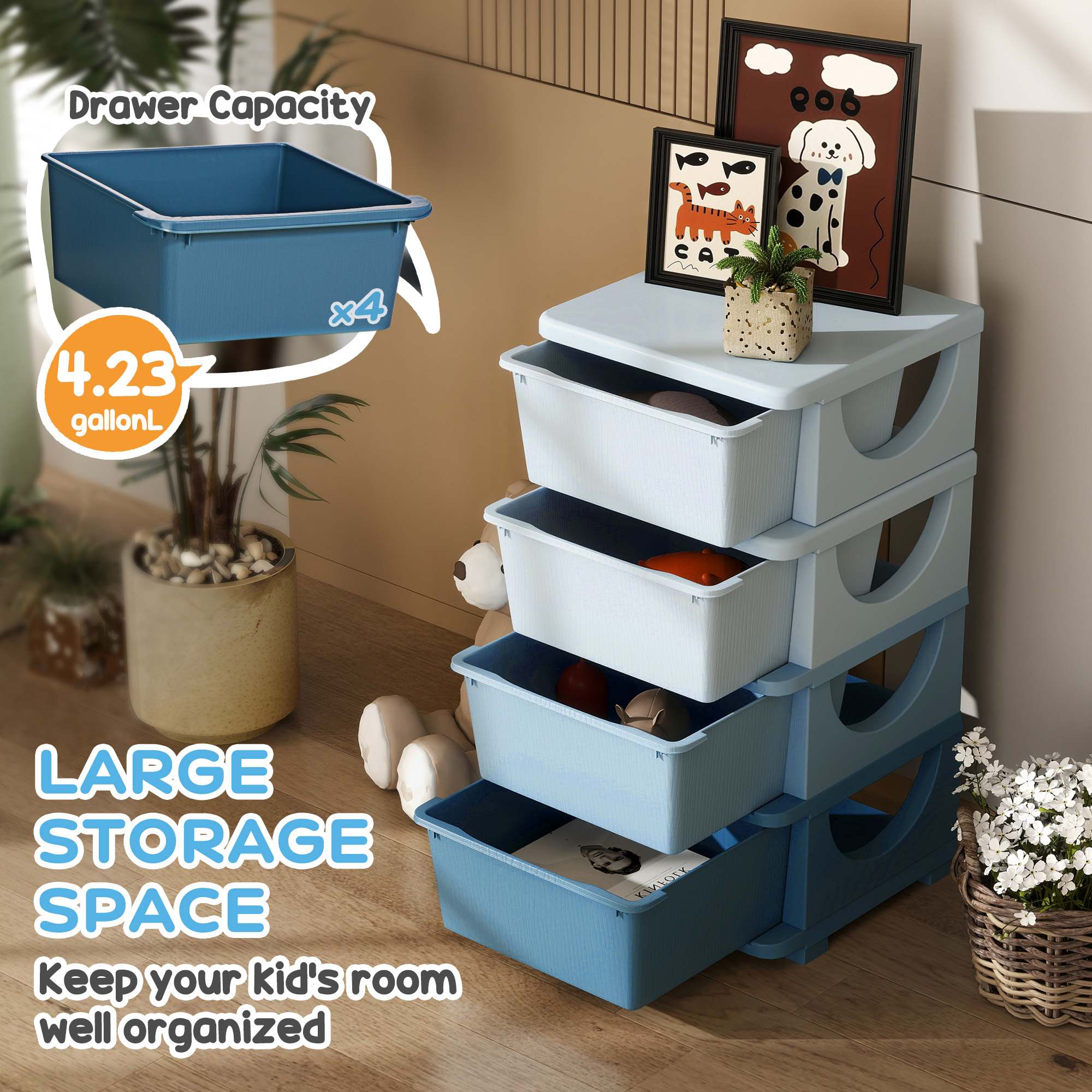 Qaba 30" 4 Tier Kids Storage Unit Dresser Tower w/ 4 Drawers, Blue 2