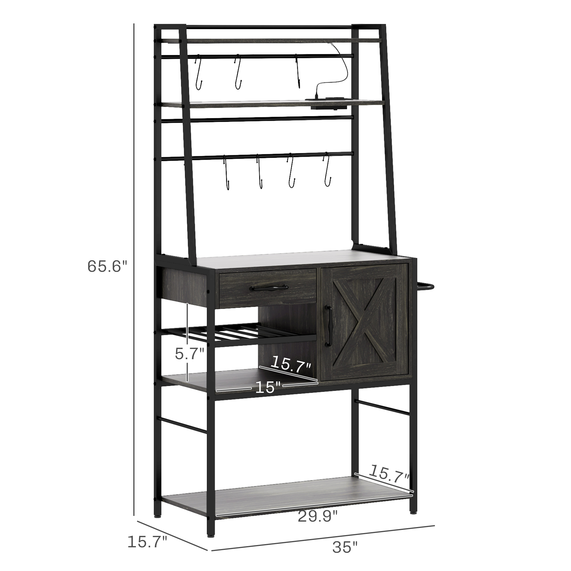 HOMCOM Industrial Kitchen Shelving Unit, Distressed Gray with Charging Station, LED Lights & Barn Door | Aosom.com 1