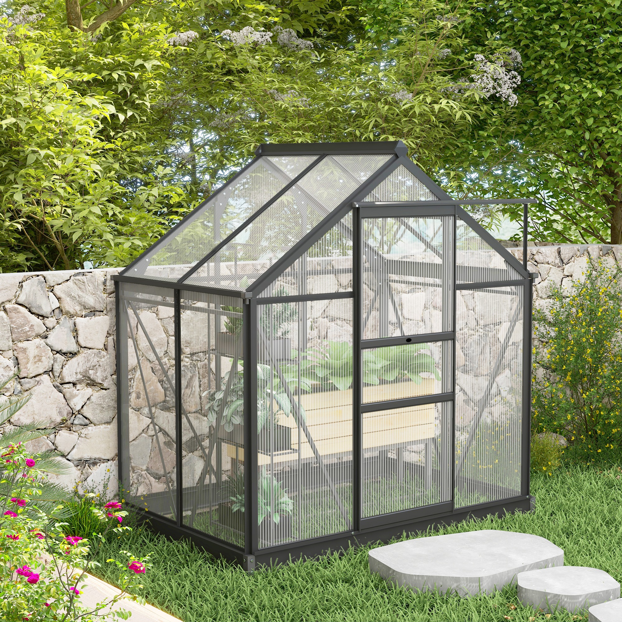 Outsunny Walk-in Polycarbonate Greenhouse 6x4, Outdoor Garden Greenhouse with Sliding Door & Vent for Backyard Aosom Canada