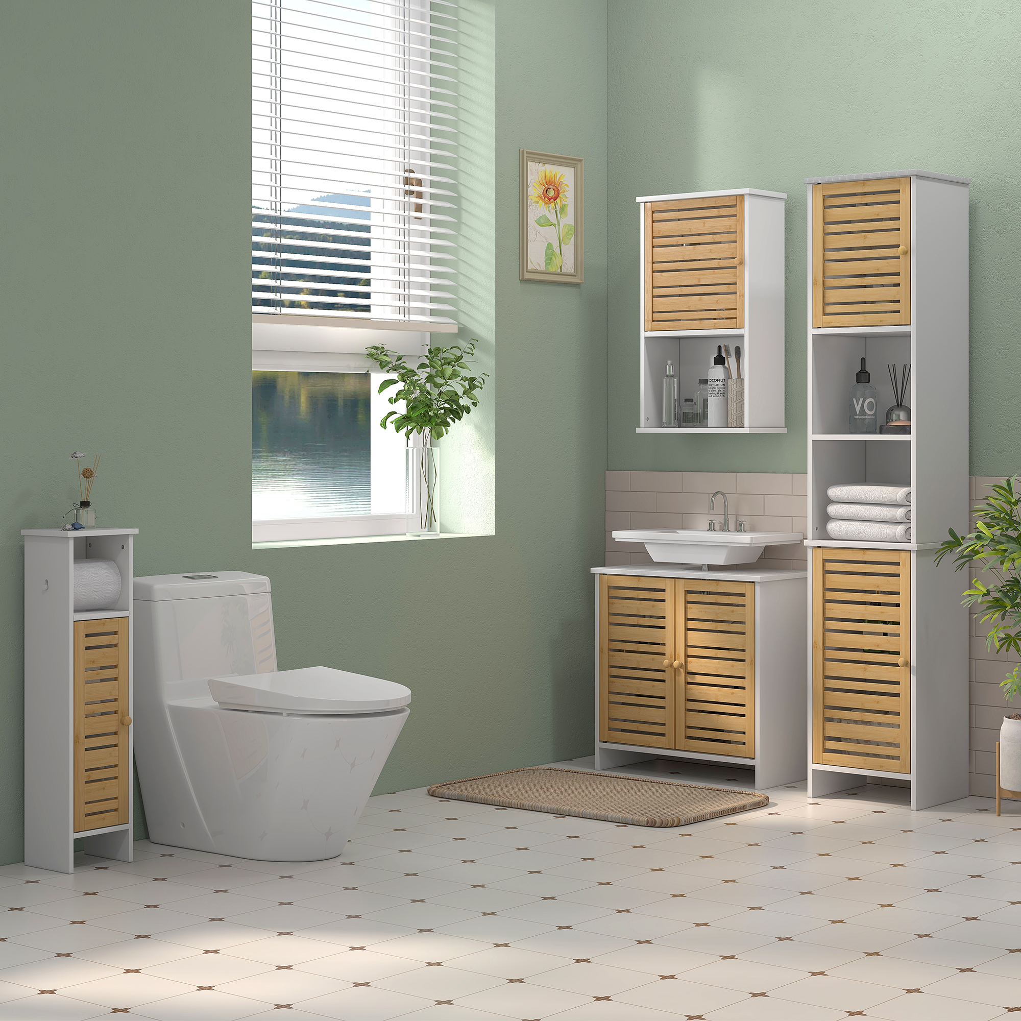 HOMCOM Tall Bathroom Cabinet with Bamboo Doors, Bathroom Storage Cabinet with Adjustable Shelves ...