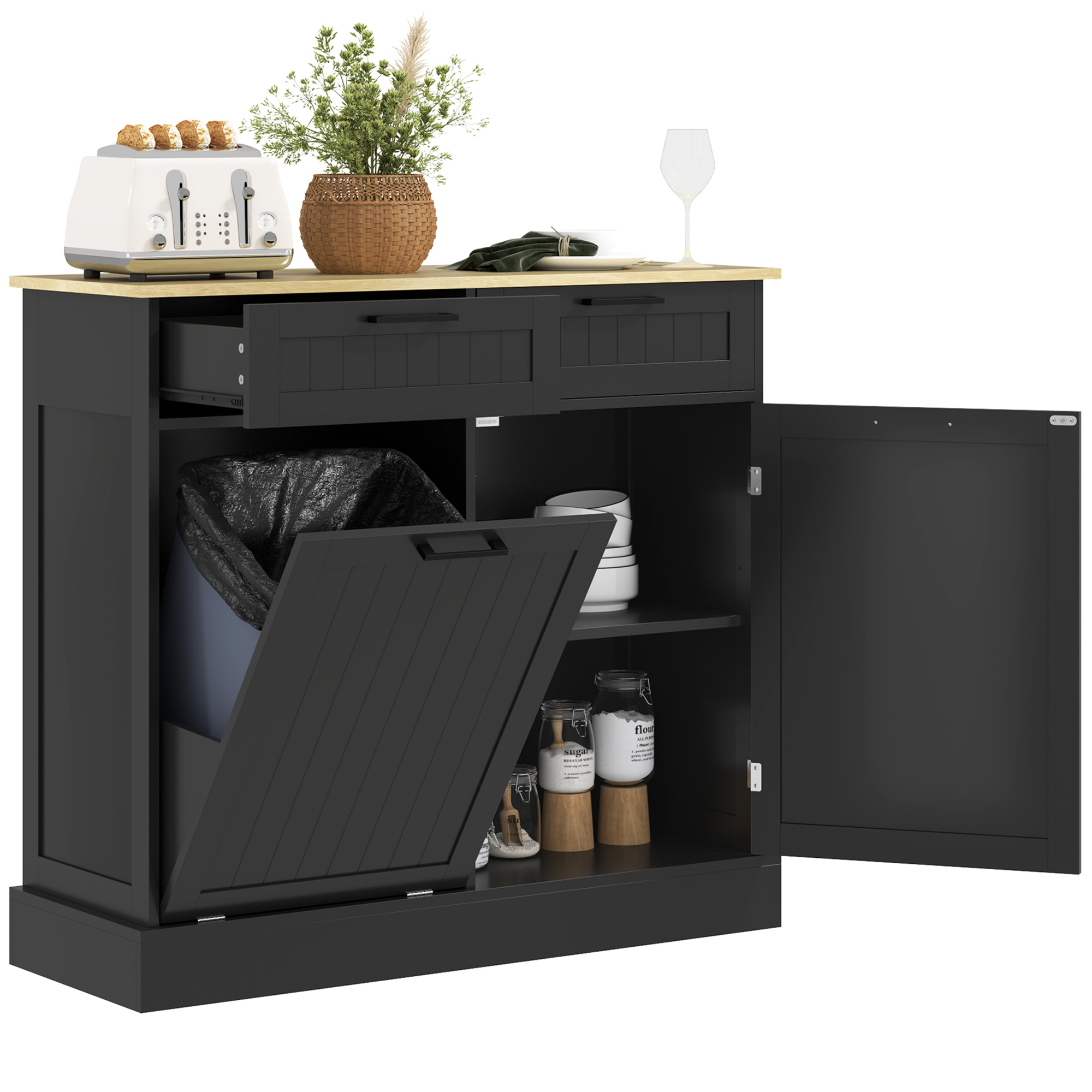 Tilt Out Trash Organizer Unit w/ 2 Drawers, Hidden Garbage Container Organizer Unit, Freestanding Cooking Island for Laundry, Black 1