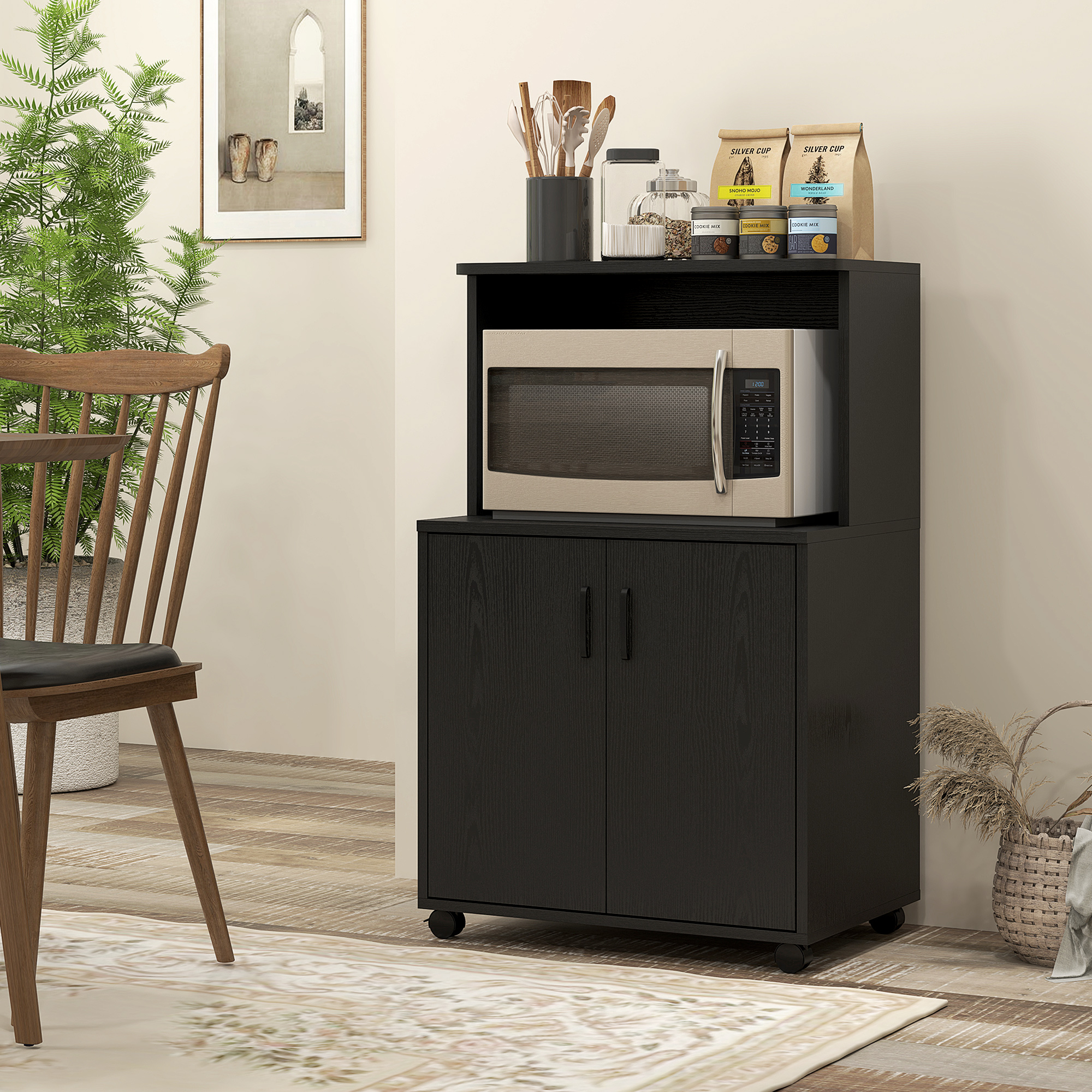 HOMCOM Microwave Cart on Wheels Utility Trolley Storage Sideboard Bookcase with 2-door Cabinet, Black Wood Grain Aosom Canada