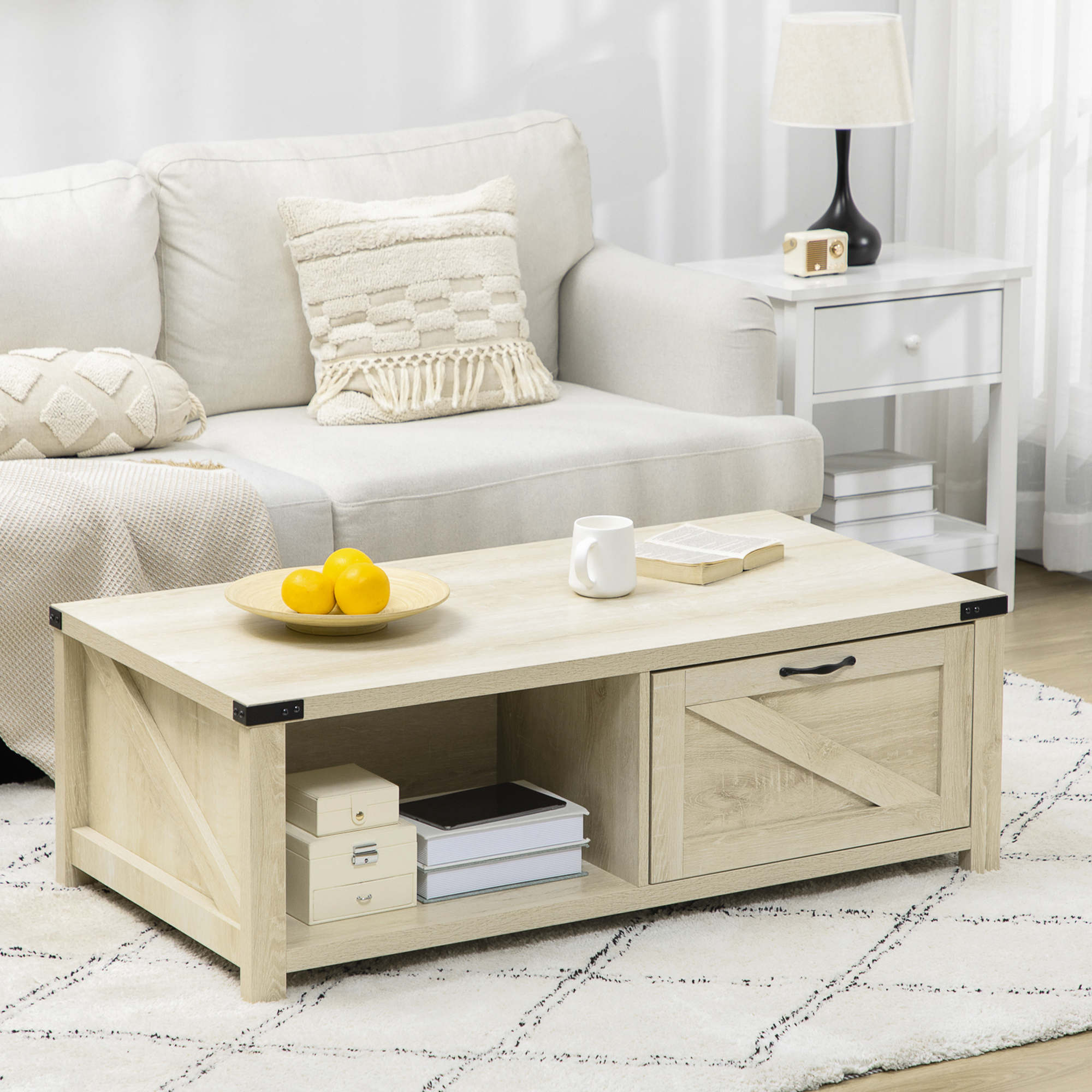HOMCOM Farmhouse Coffee Table with Drawer and Storage Open Shelf