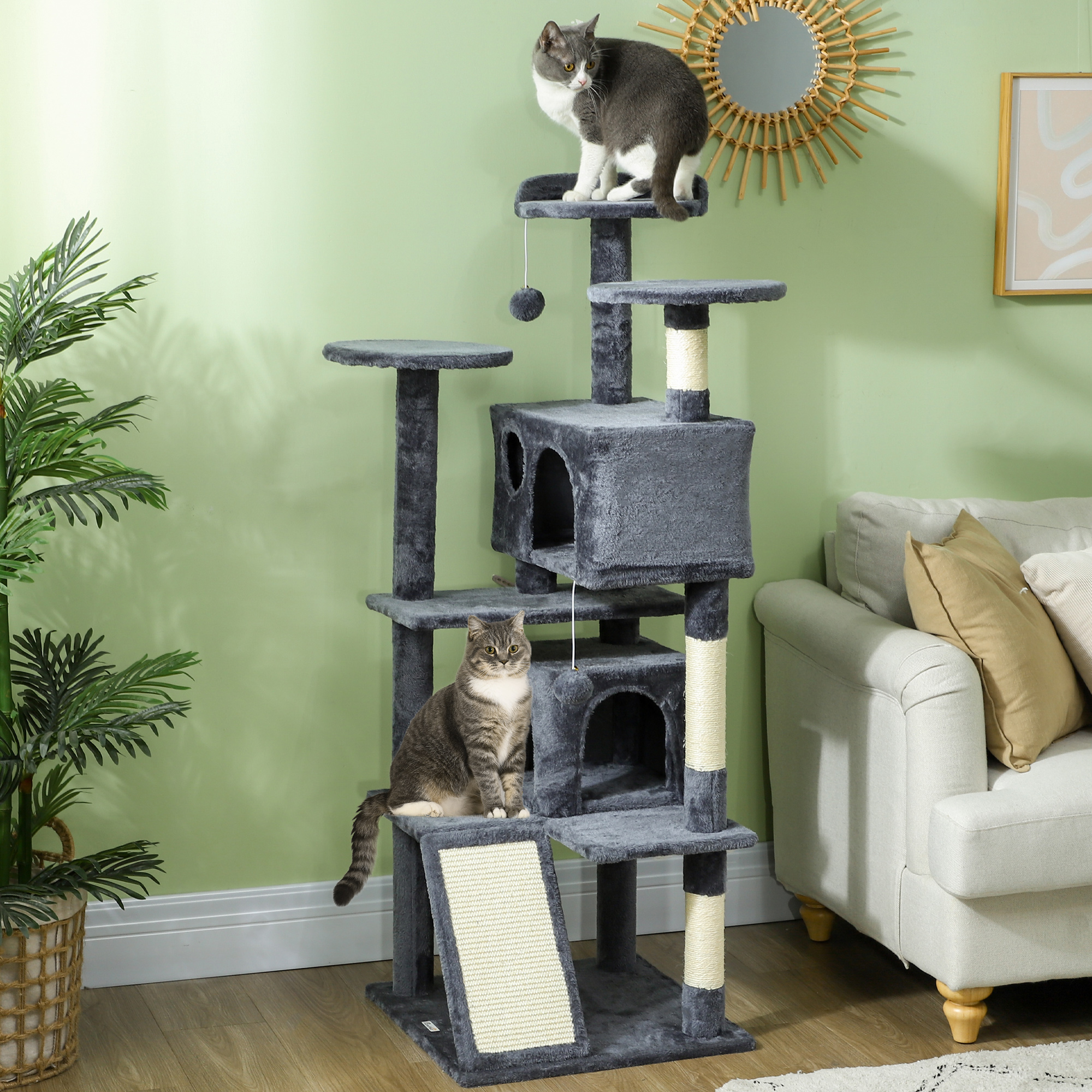 PawHut 54" Cat Tree, Multi-Level Cat Tower with Scratching Posts, Cat Condos, Bed, Platforms, Ramp, Toy Ball, Dark Grey Aosom Canada