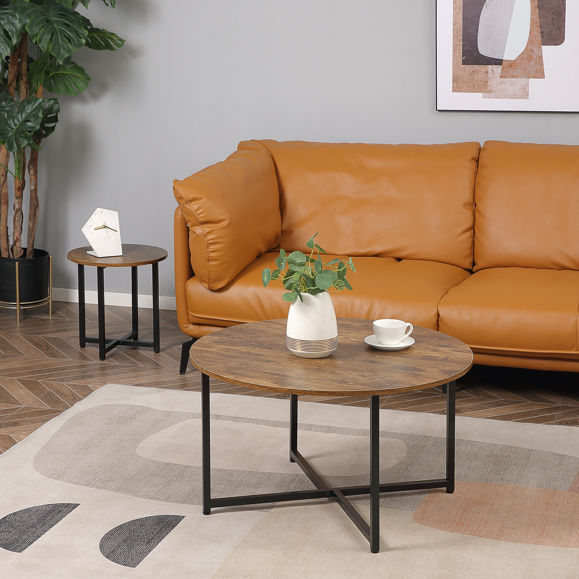 HOMCOM Round Coffee Table, Nesting Set of 2 with Metal Frame, Industrial Side End Table for Living Room Bedroom, Rustic Brown 2