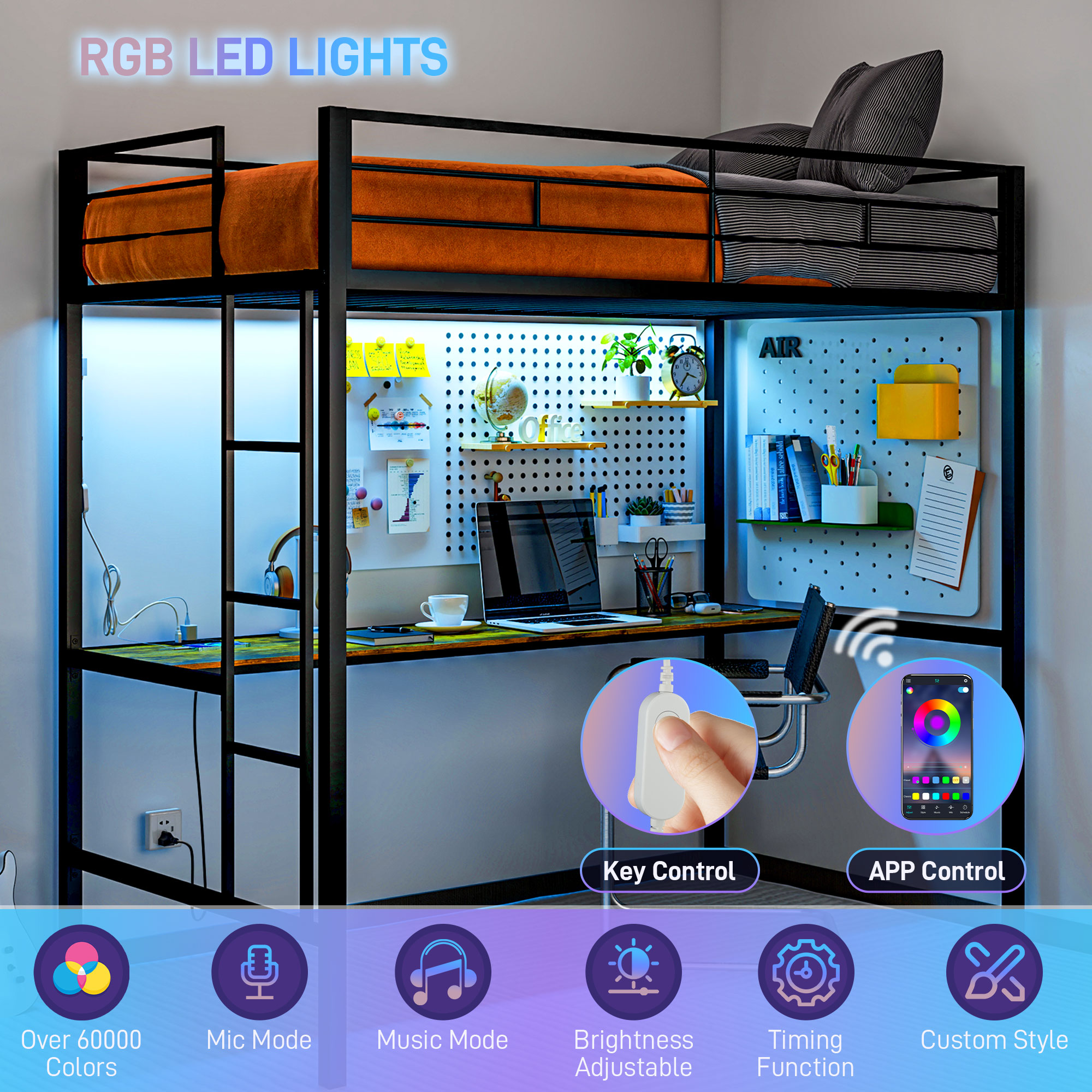 HOMCOM Twin Loft Bed with Desk, LED Lights and Charging Station, Twin Loft Bed Metal with Ladder, Black | Aosom.com 2