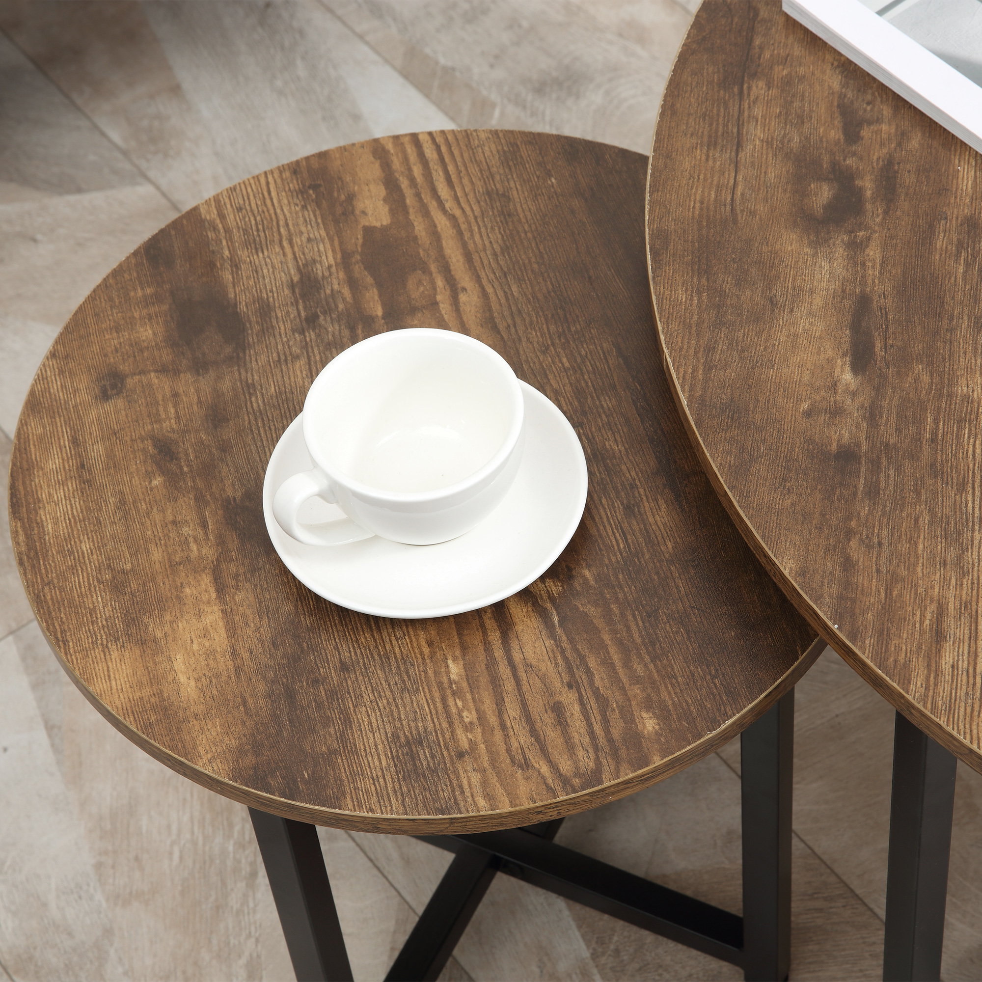 HOMCOM Round Coffee Table, Nesting Set of 2 with Metal Frame, Industrial Side End Table for Living Room Bedroom, Rustic Brown 6