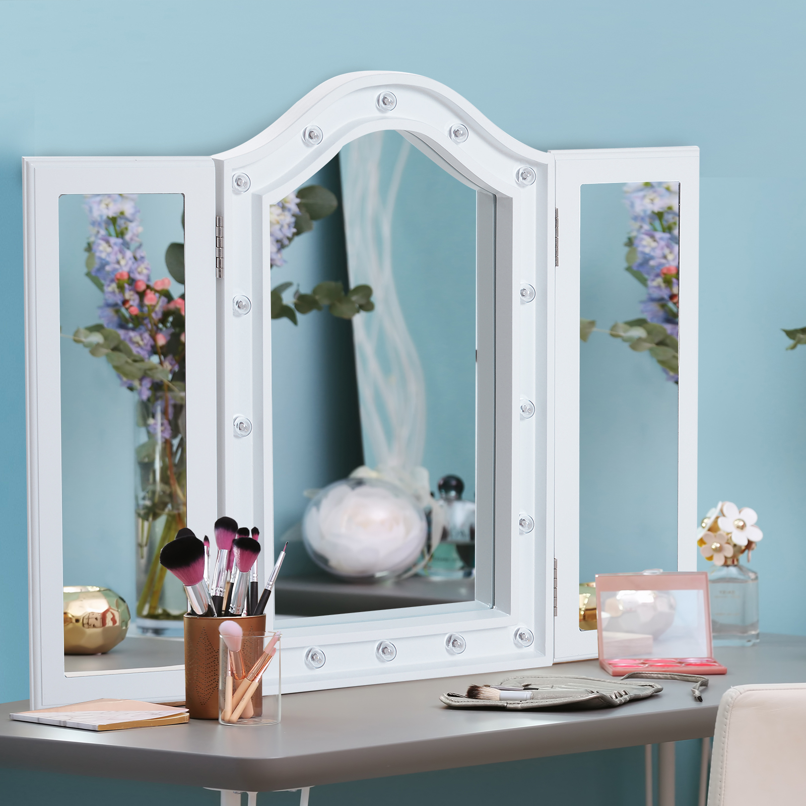 HOMCOM Free Standing Countertop 3-Folding LED Lit Vanity Mirror