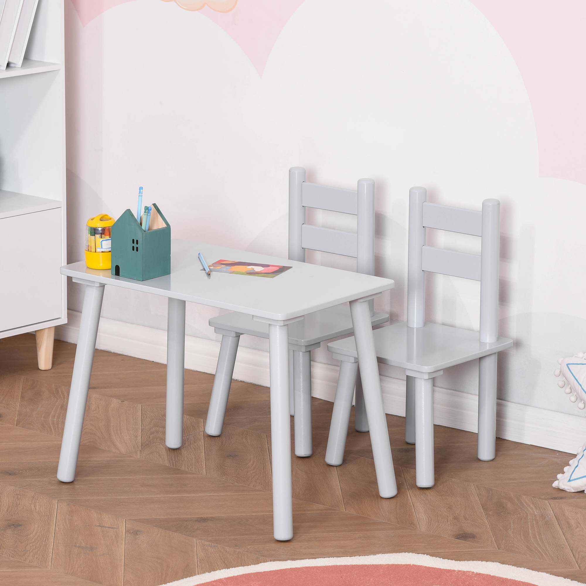 Qaba Children's Wooden Table and Chair Set, Durable for Arts, Crafts, Dining & Reading, Enhance Creativity for Ages 2-5, Gray| Aosom.com 5