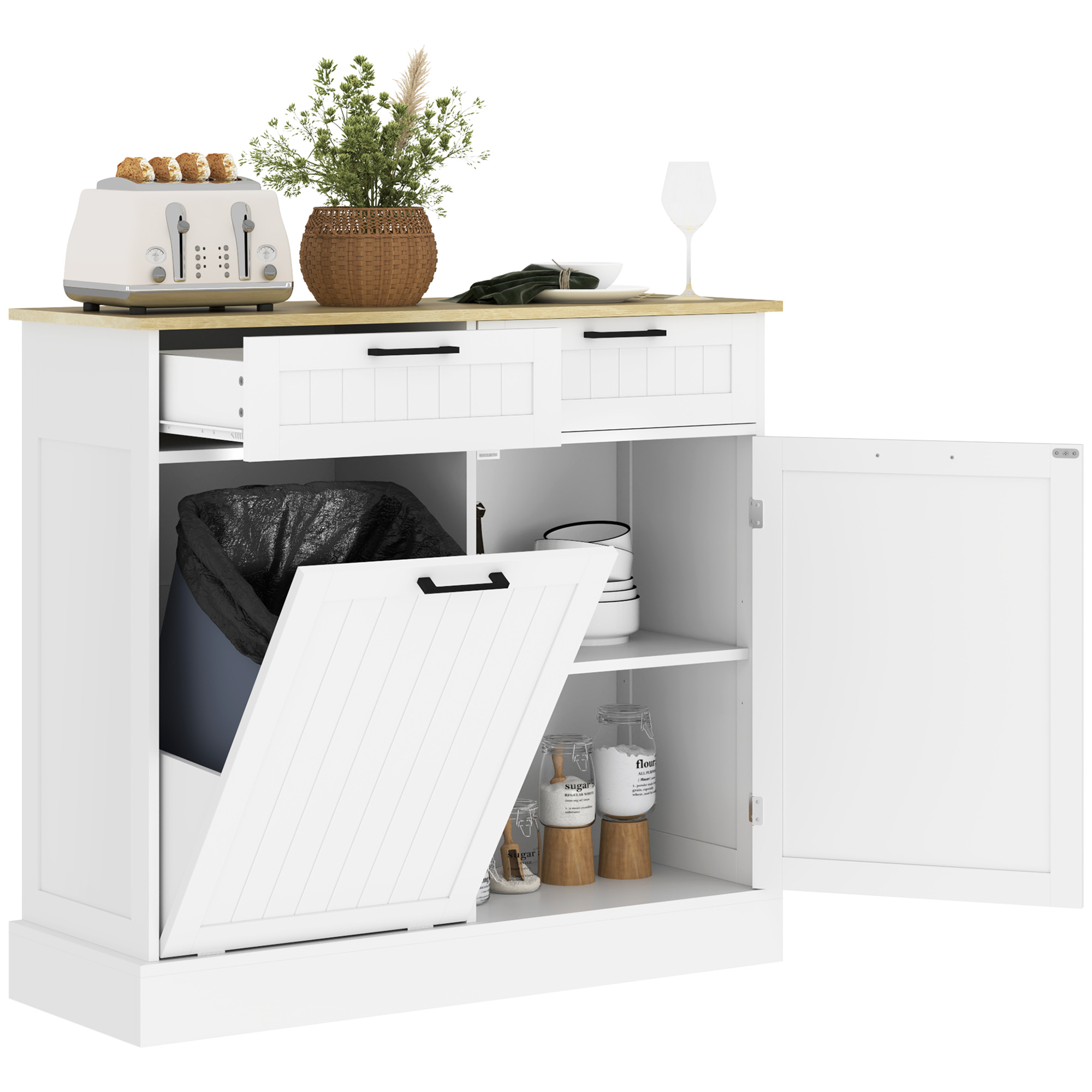 Tilt Out Trash Organizer Unit w/ 2 Drawers, Hidden Garbage Container Organizer Unit, Freestanding Cooking Island for Laundry, White 1